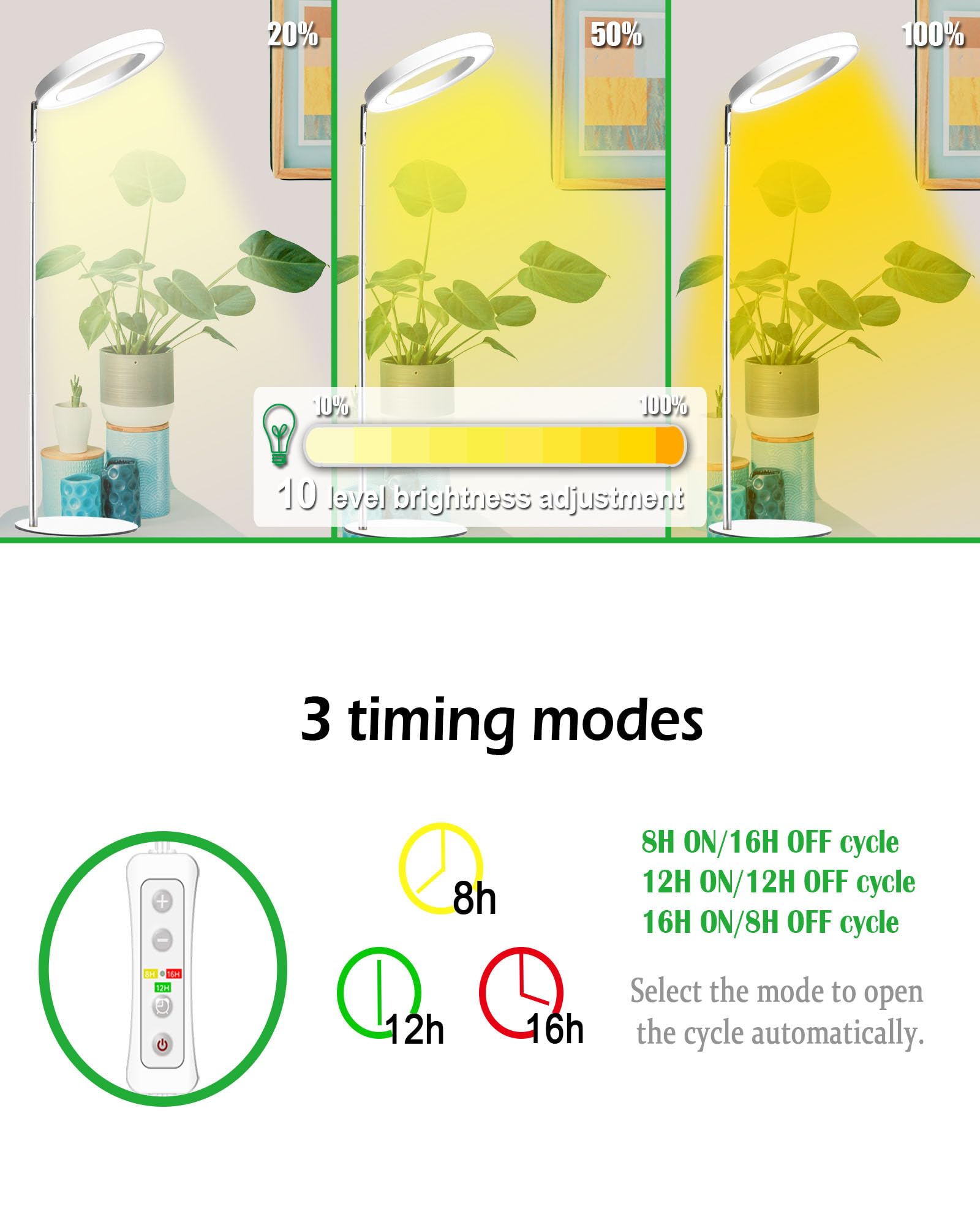 yadoker LED Grow Light for Indoor Plants, Height Adjustable, Automatic Timer, 10-Level Brightness, 2 Pack, White With Base