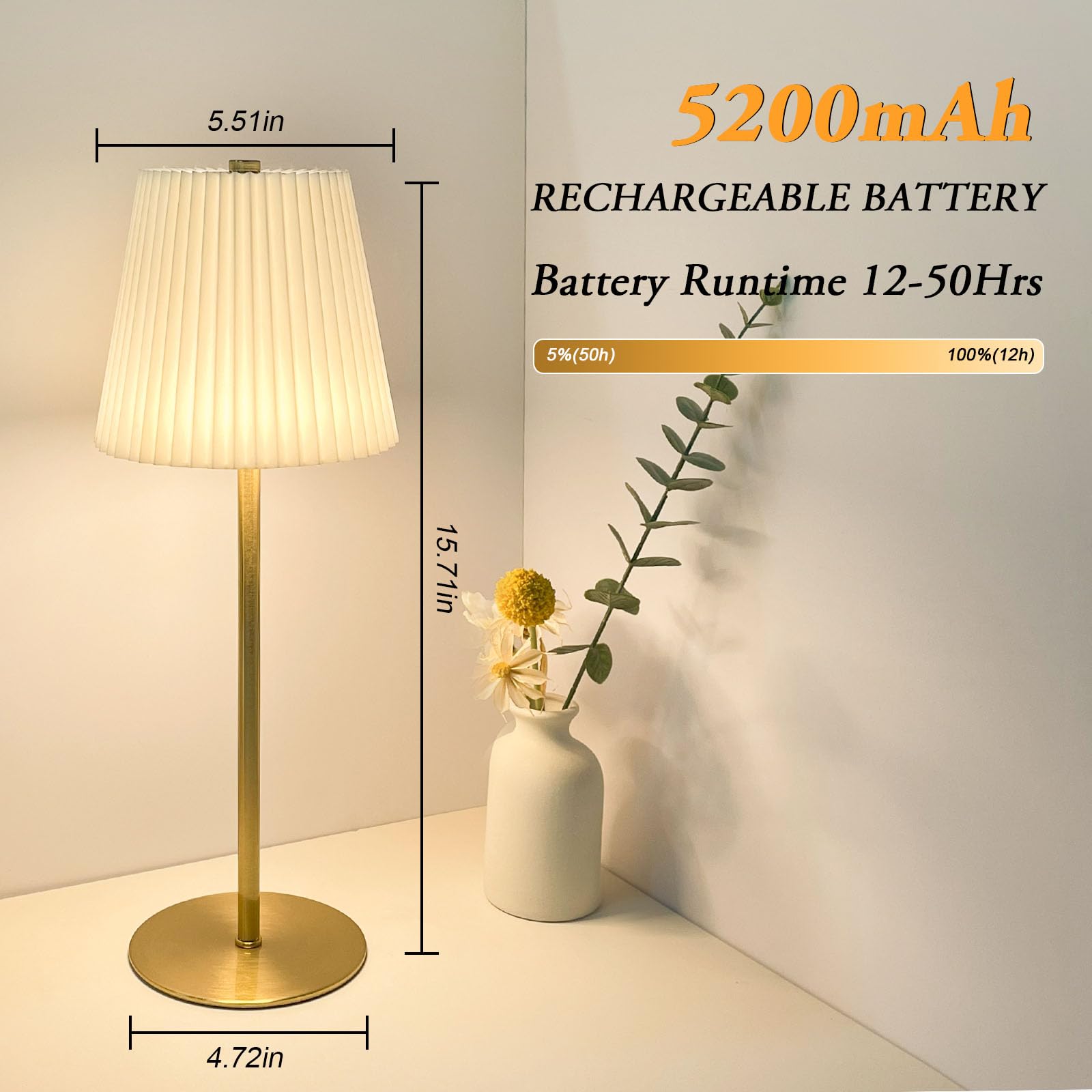 Cordless Table Lamp Rechargeable Gold,1 Pack Fabric Shade 5200Mah Battery Operated Lamp For Decor,Stepless Dimming 3 Lighting Mo