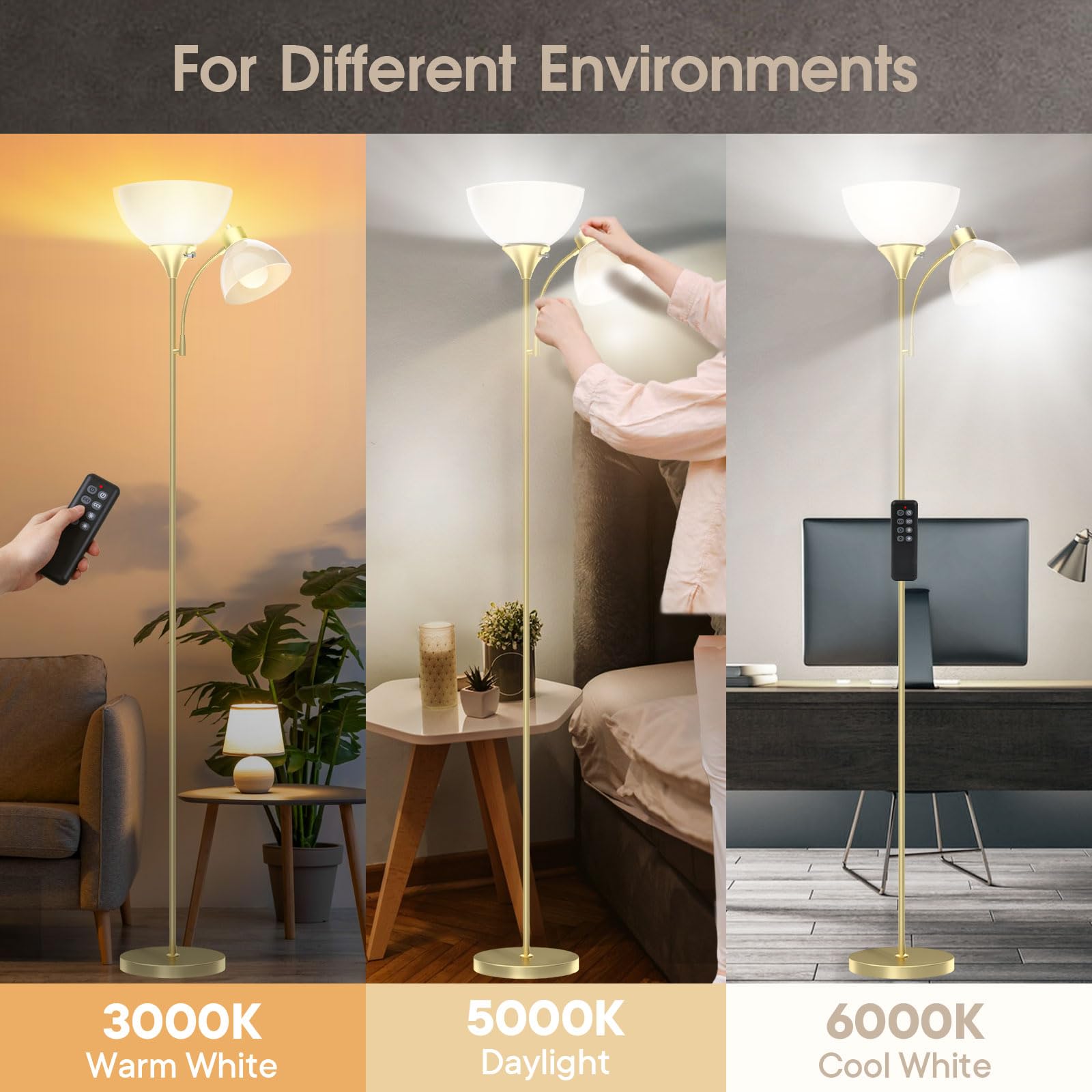 GERGO Led Floor Lamp, 11W+7W 2100LM Torchiere, Remote Control, 4 Color Temperatures 3000K-6000K, Golden, Model MF