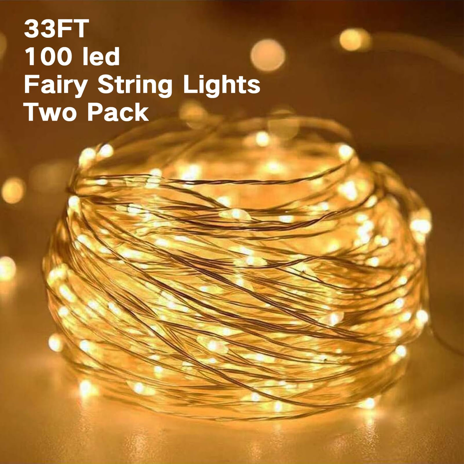 Fairy String Lights, 2 Pack 100 Led String Lights, 33 Ft Twinkle Lights For Indoor&Outdoor Waterproof, Battery Operated Starry Lights For Wedding Home Parties Christmas Holiday Decoration(Warm White)