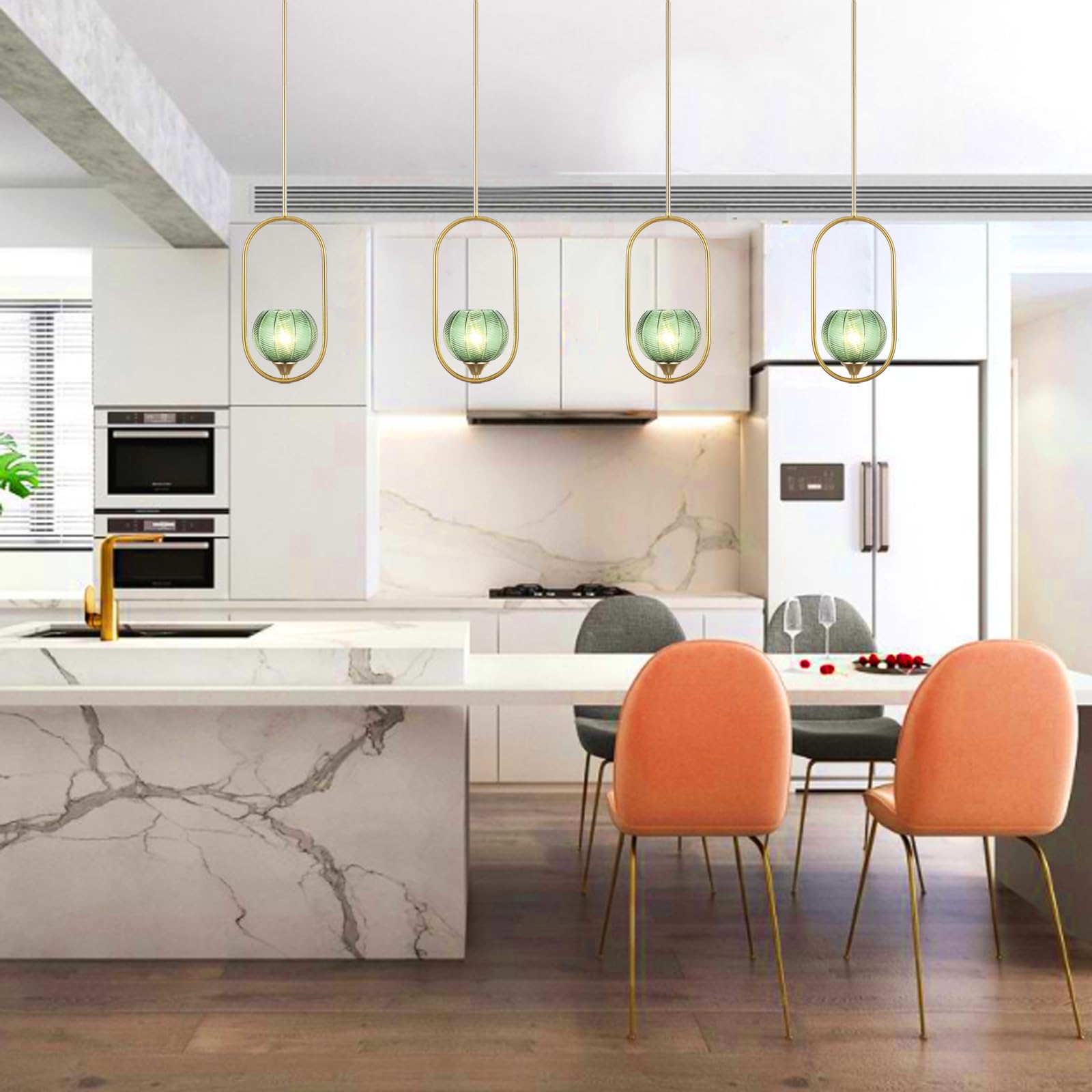 Byoliima Modern Gold Globe Pendant Light With Green Glass Globe Lampshade Mid Century Chandelier 1-Light Brushed Brass Ceiling Hanging Lighting Fixture For Kitchen Island Dining Room Bedroom (2 Pack)