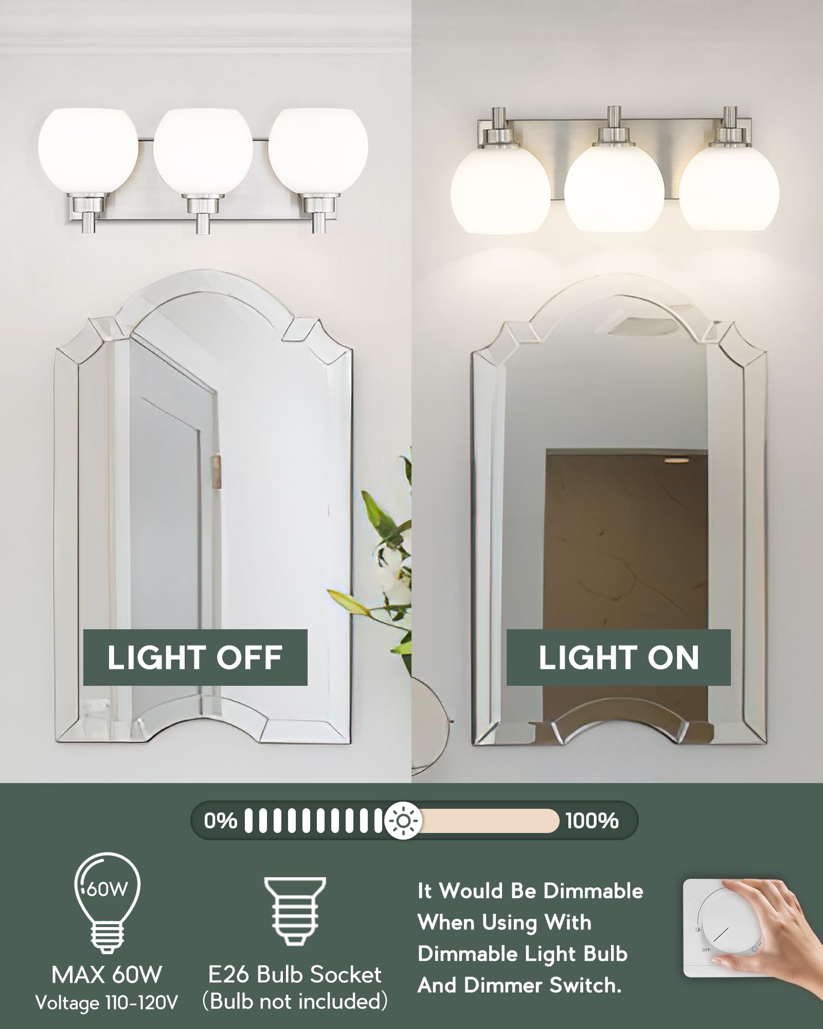 Metwet Bathroom Light Fixtures, 3-Light Brushed Nickel Vanity Light, Modern Wall Sconces With Milk White Globe Glass Shade, Vani