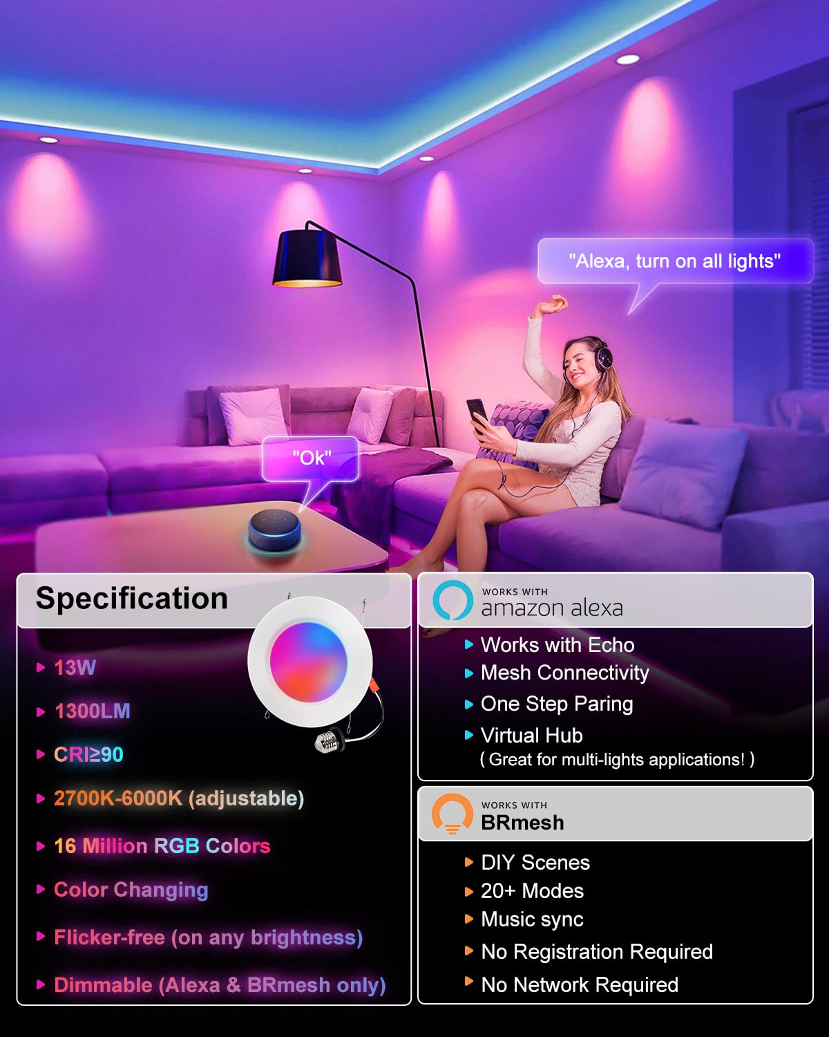 Varicart Smart Recessed Lighting 6 Inch  Rgbcw Color Changing Smart Can Light Bluetooth Connect  Flicker Free  13W 1300Lm  Dimmable Retrofit Downlight Works With Alexa Voice & App Control  12 Pack