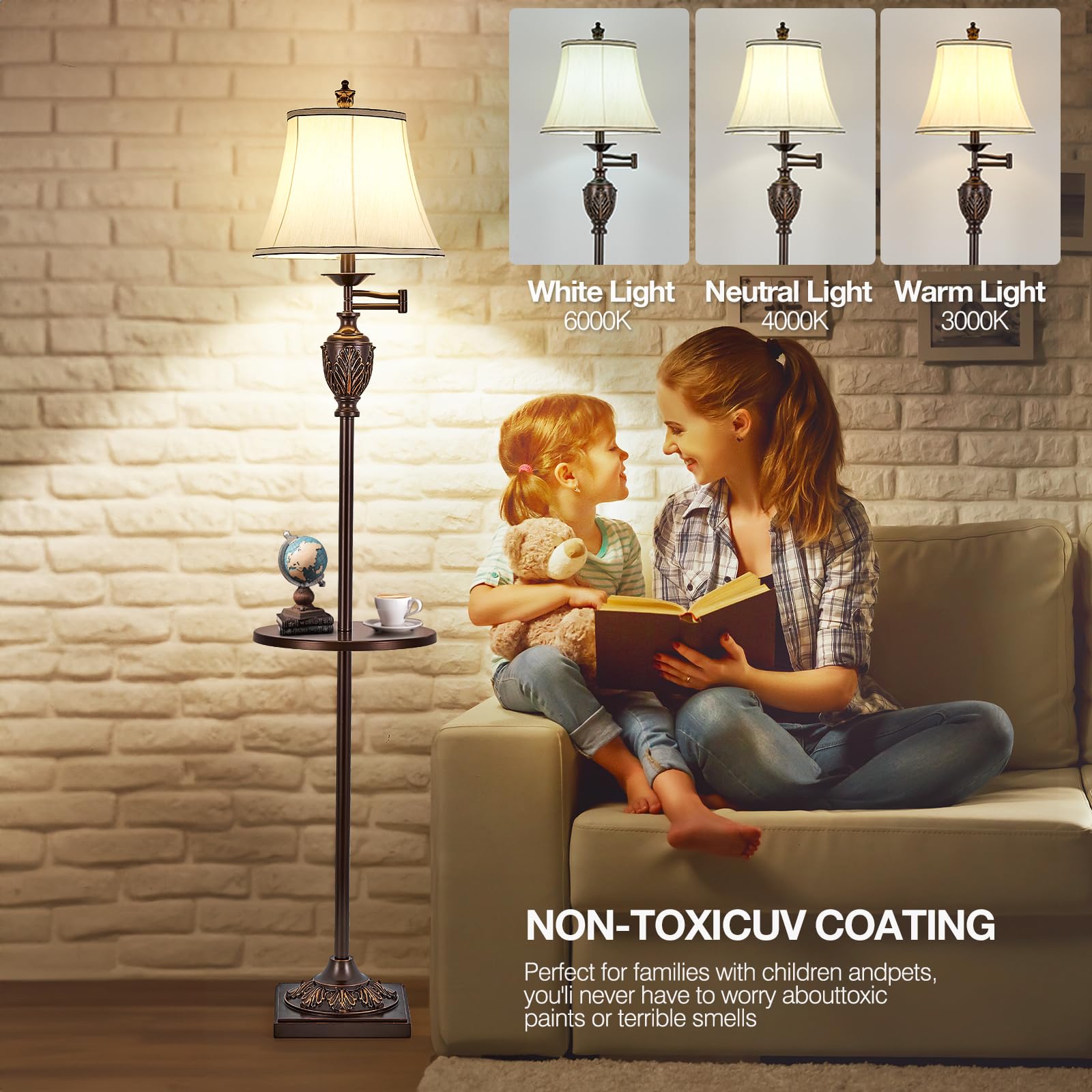 Traditional Led Floor Lamp With 350? Adjustable Swing Arm Lamp - Vintage Standing Pole Lamp For Living Room, Bedroom And Office