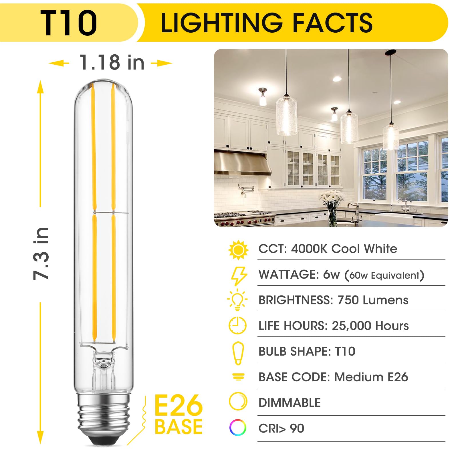 Gozelux T10 Led Bulb 6W Equal E26 Led Bulb 60 Watt Dimmable Cool White 4000K E26 Edison Bulb Ac120V 750Lm Tubular Light Bulb T10