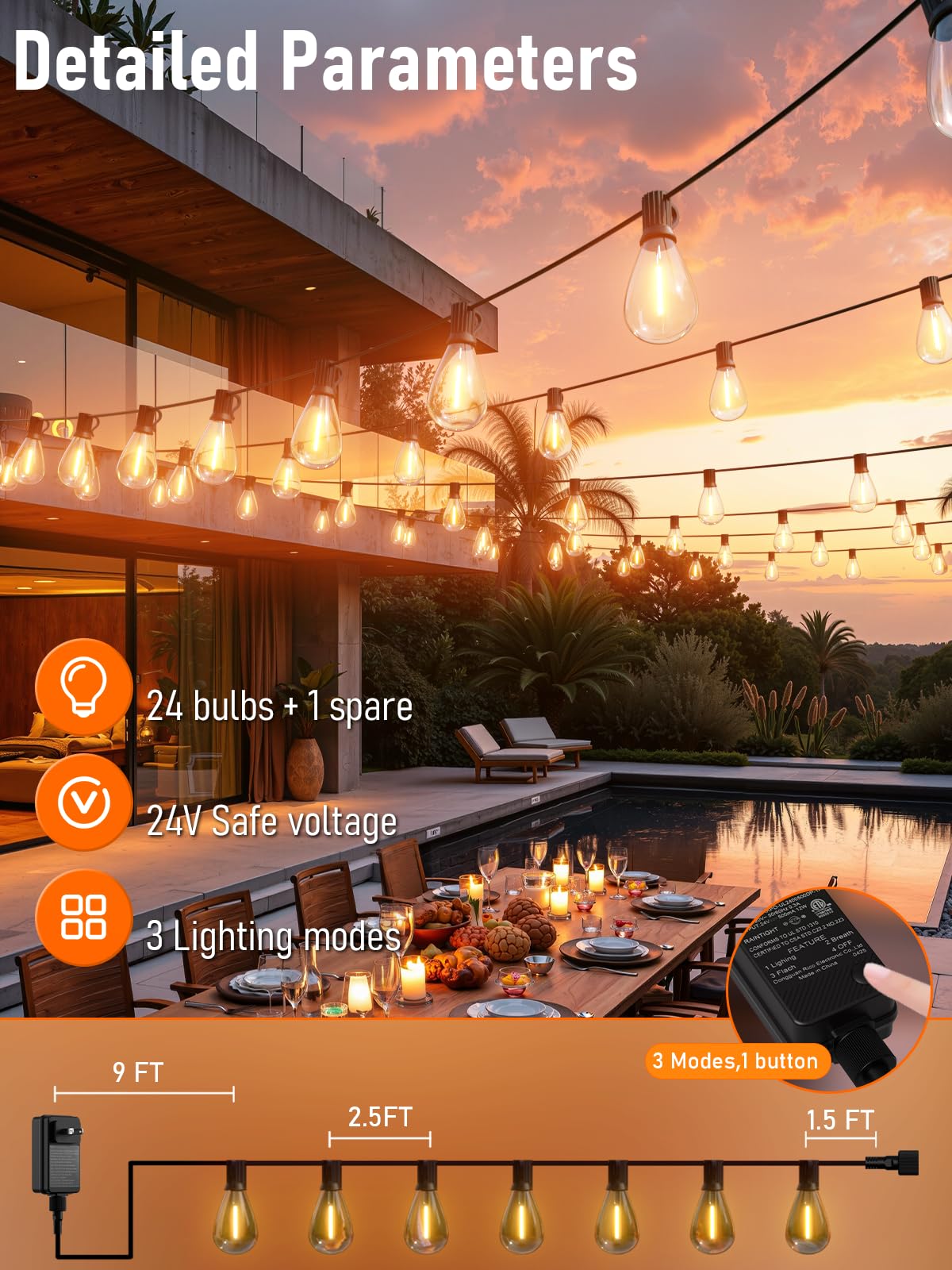 luckystyle LED Outdoor String Lights, 70FT, 24+1 Shatterproof Bulbs, Waterproof, Dimmable, Warm Yellow-2200K, Model S11-70FT