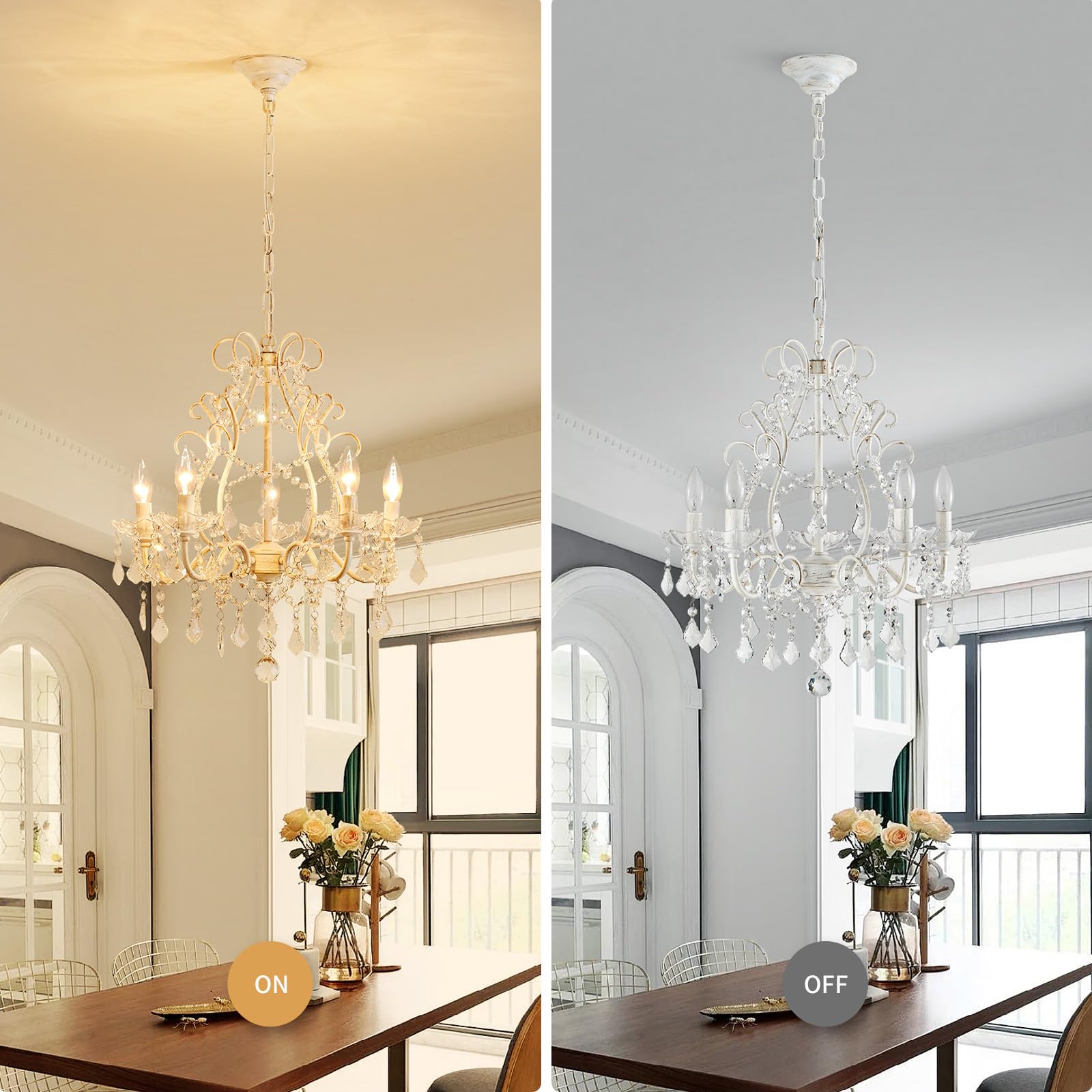 Wuzups 5-Light Crystal Candle Chandelier Pendant Ceiling Light Modern Lighting Fixture For Bedroom Hallway Bar Kitchen Bathroom  H 23.2 W 20.7  E12 Base  Rustic White