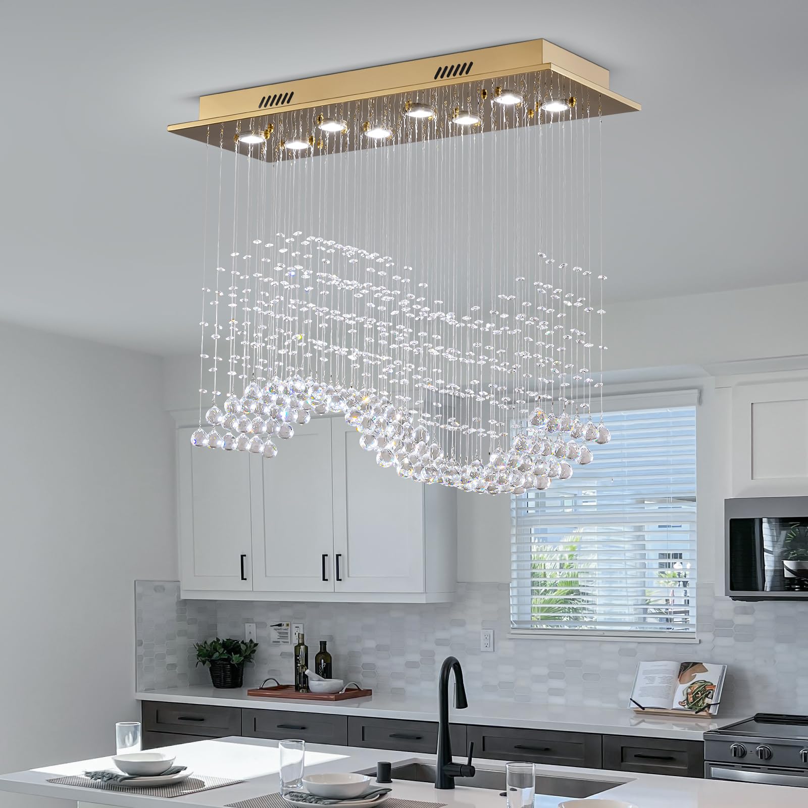 Siljoy 8-Light Modern Wave Crystal Chandelier, Gold Flush Mount, L31.5'' x W12'' x H28'', Model HLC04508G