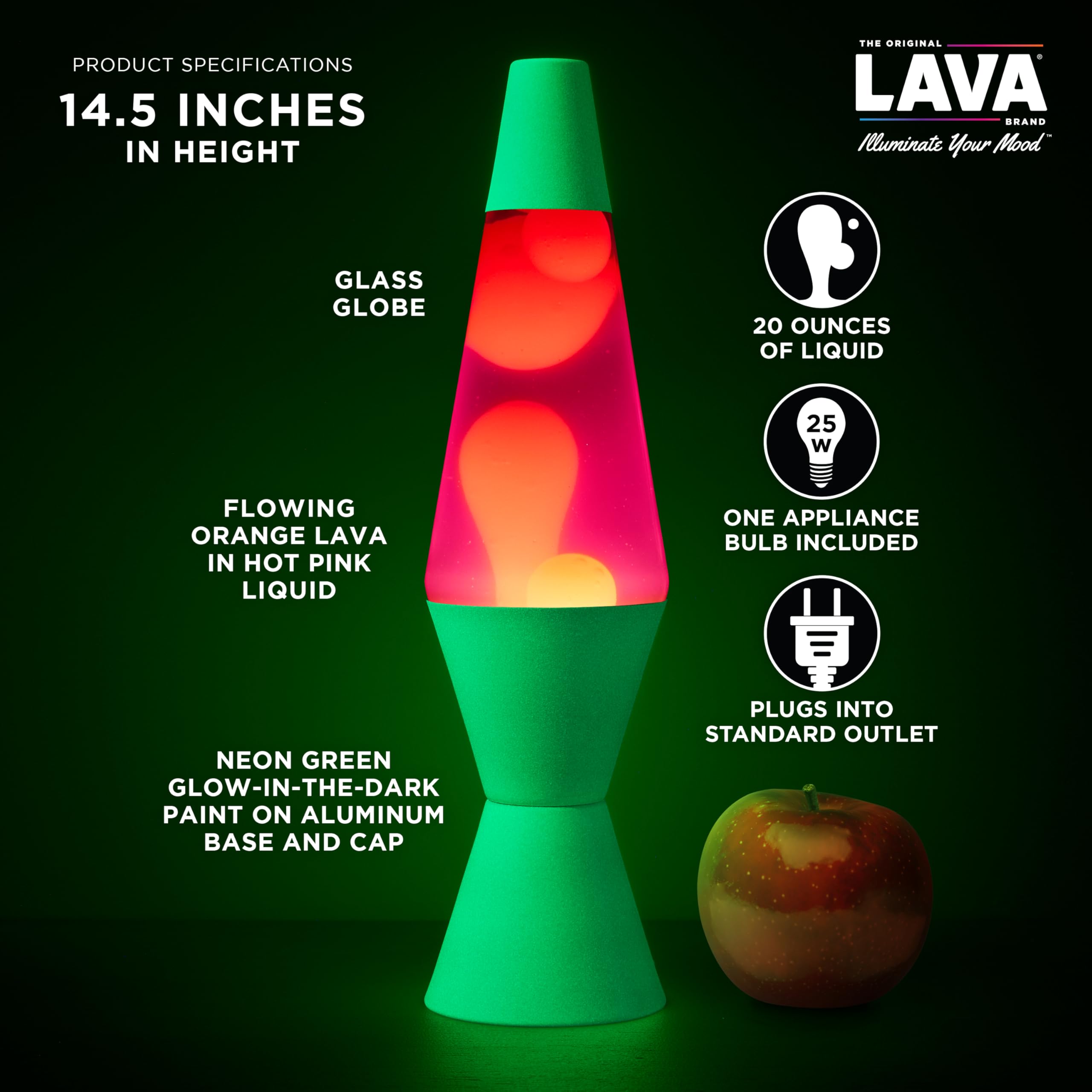 Lava 14.5" Classic Liquid Motion Lamp - Neon Green with Orange and Pink Liquid, Model #2096