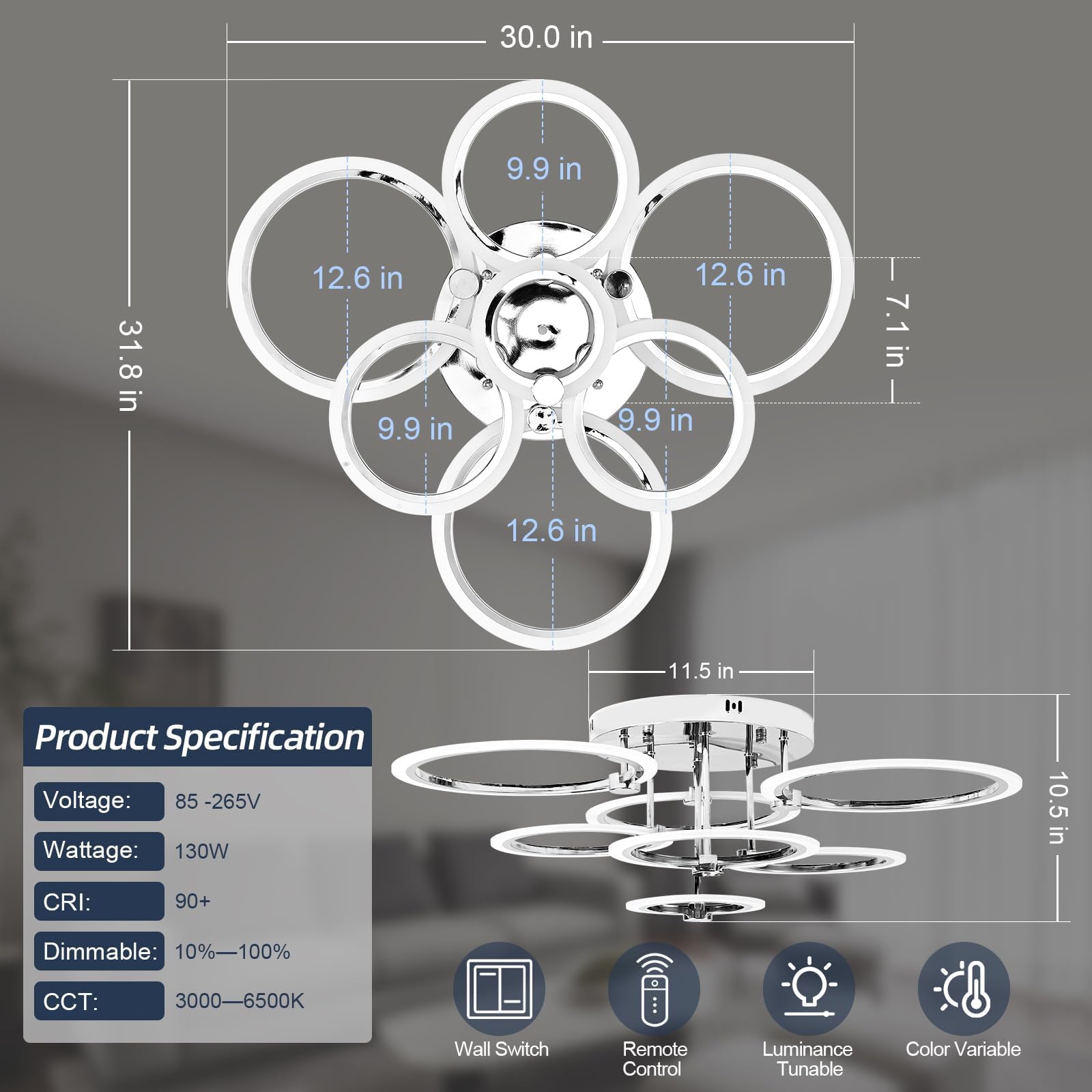 SEABLE 7-Ring LED Flush Mount Ceiling Light - 31.8", Dimmable, Remote Control, Chrome, 130W, 3000K-6500K Adjustable Color Temperature