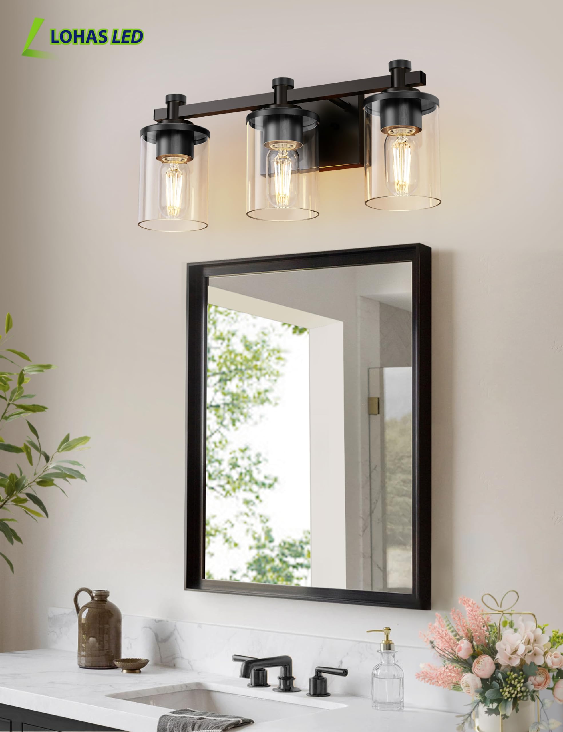 L LOHAS LED Bathroom Vanity Light Fixture, 3-Lights, Black, Glass Shade, Model A-JQD06T3BLE26, Modern Design for Mirror or Hallway