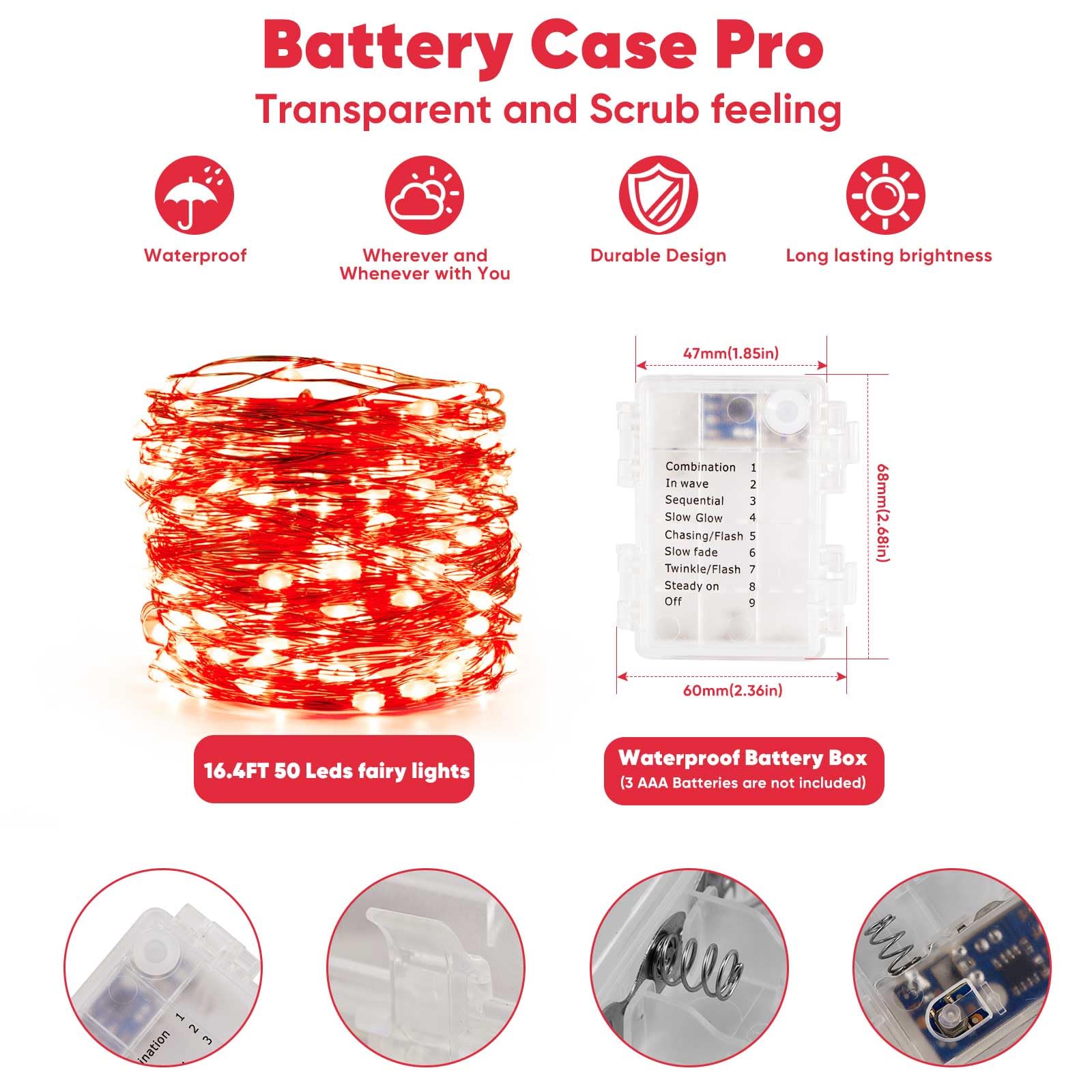 Ariceleo 16.4 Ft Battery Operated Outdoor String Lights, Red LED Fairy Lights, Waterproof, Remote & Timer, 1 Pack