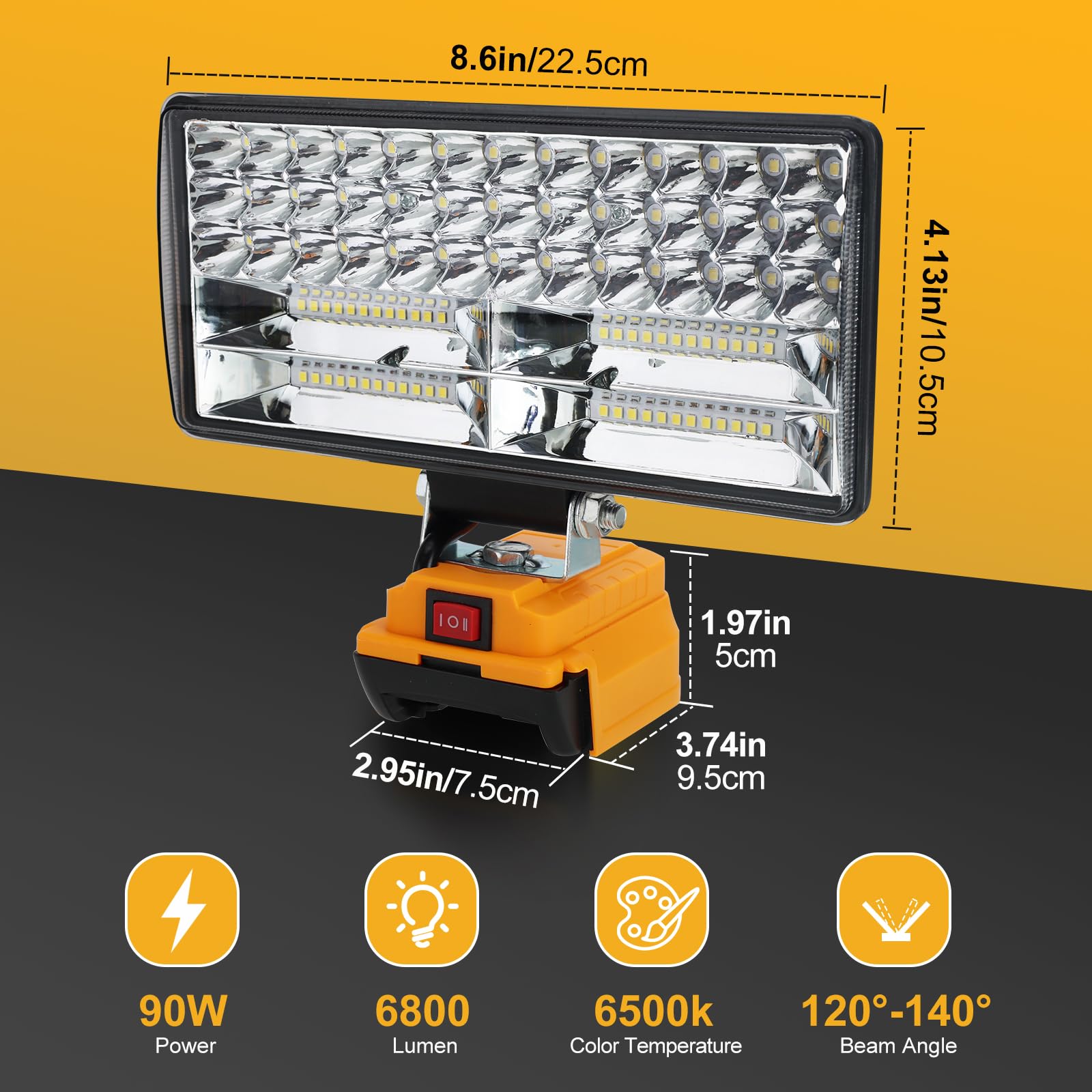 Hnndlra Cordless LED Work Light 8in 9000LM 90W, 2 Modes, for Dewalt 20V Battery, Yellow, Model YJD