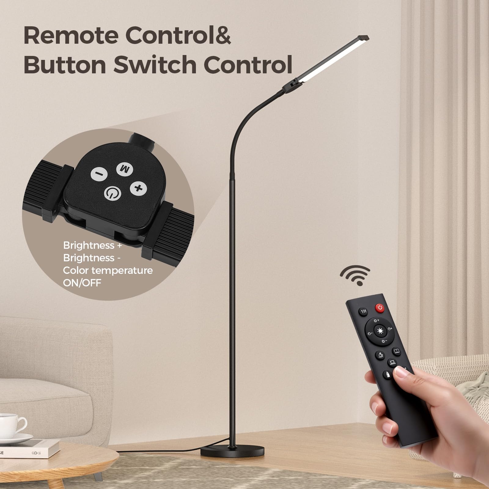 VrimNowit LED Floor Lamp - Adjustable Brightness & Colors, Dual Head Gooseneck, Remote Control, Eye-Caring, Black, Model V-FL-ST06