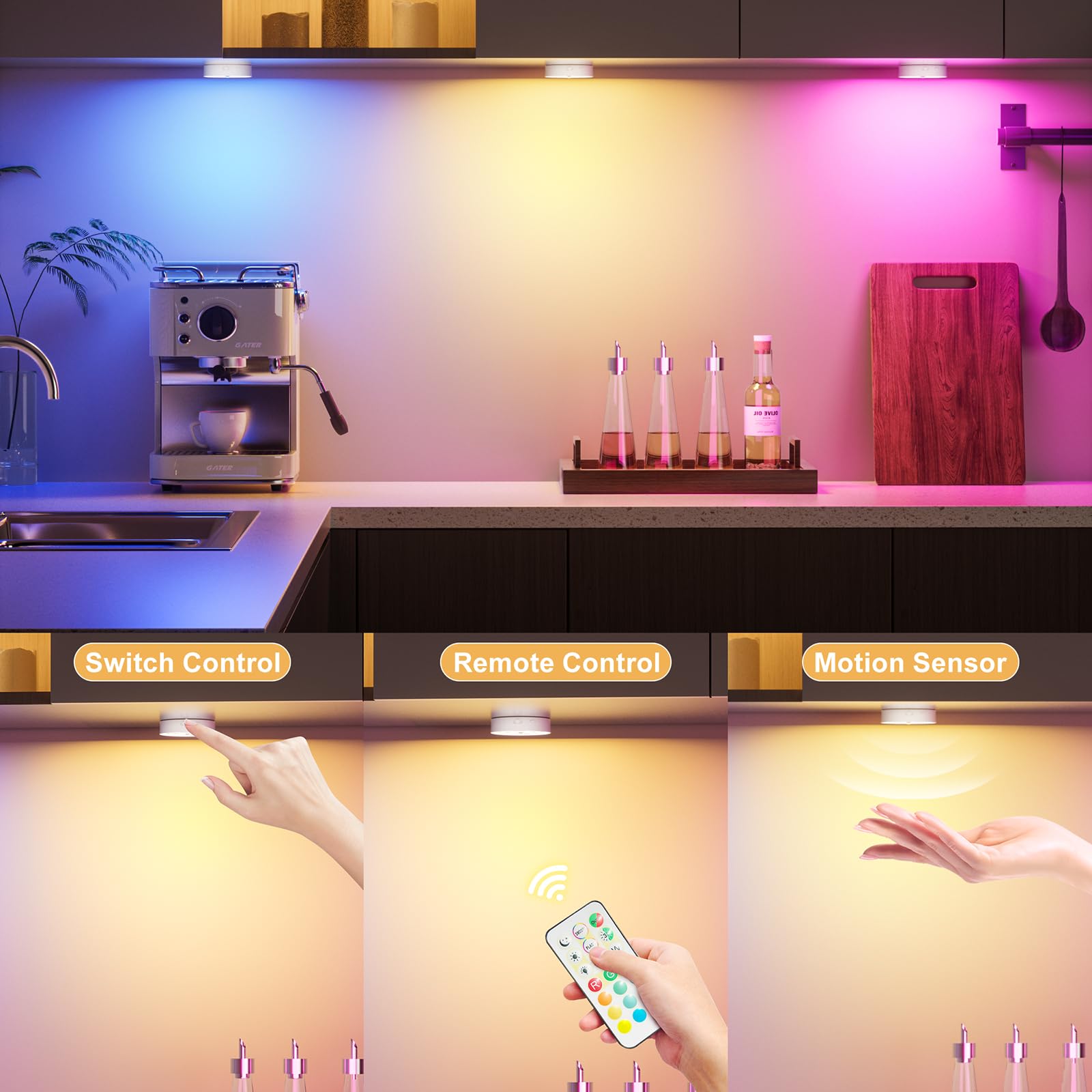 HOMEBEST Puck Lights with Remote, Rechargeable, 1500mAh, 13 RGB Colors, Dimmable, Magnetic, 4 Pack, Plastic