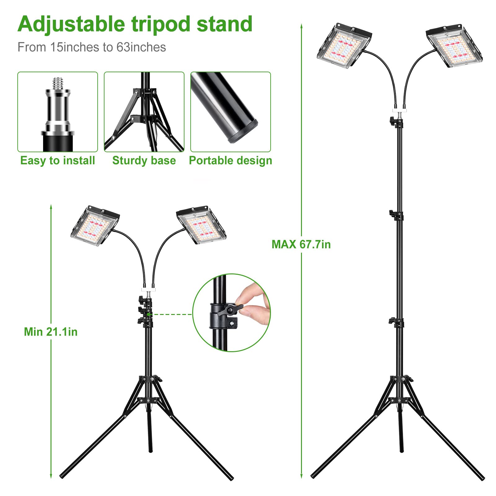 LBW Grow Light for Indoor Plants, 200W LED, Dual Heads, Auto Timer, 6 Dimmable Levels, Adjustable Tripod Stand, Medium-Dual Head Timer