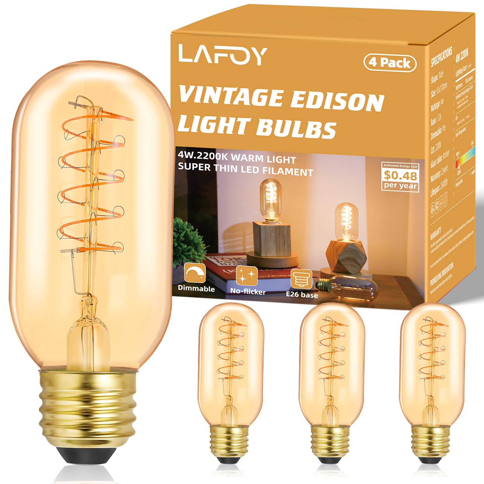 Vintage Edison Led Light Bulb 25 Watt 20 Watt Equivalent E26 Medium Base Dimmable Soft Warm 2200K Amber Antique T45 Small Old Fa