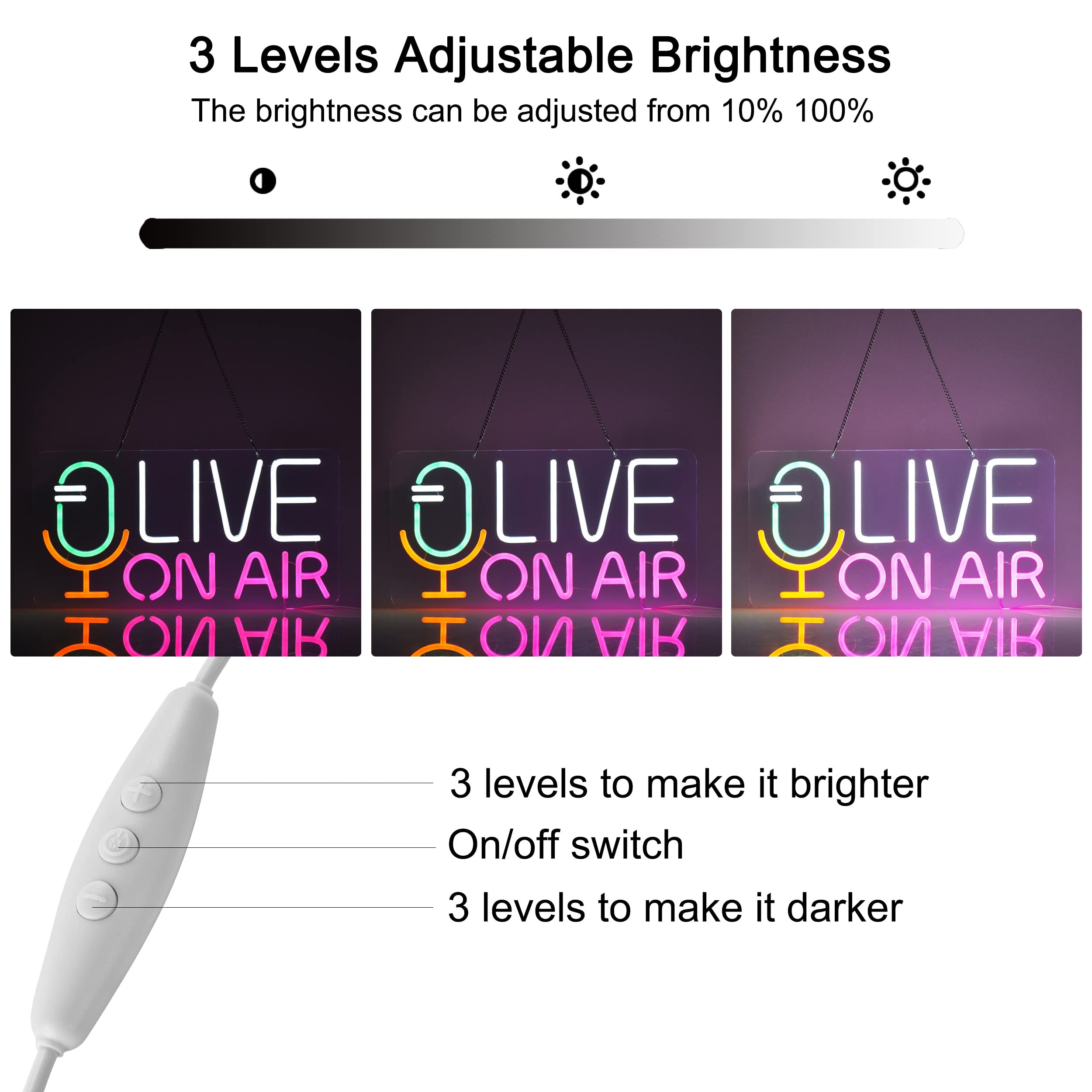 Geewkooy Live ON AIR Neon Sign, Dimmable LED Wall Decor, 43x23 cm, USB Powered, Blue/White/Green/Pink, Acrylic Material