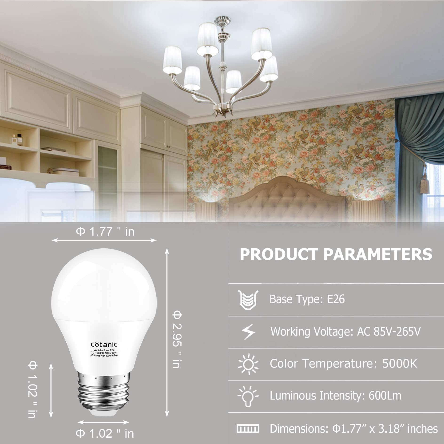 Cotanic A15 LED Ceiling Fan Light Bulb, 5000K Daylight, 6W (60W Equivalent), 600lm, Non-Dimmable, 6 Pack, Wide Beam