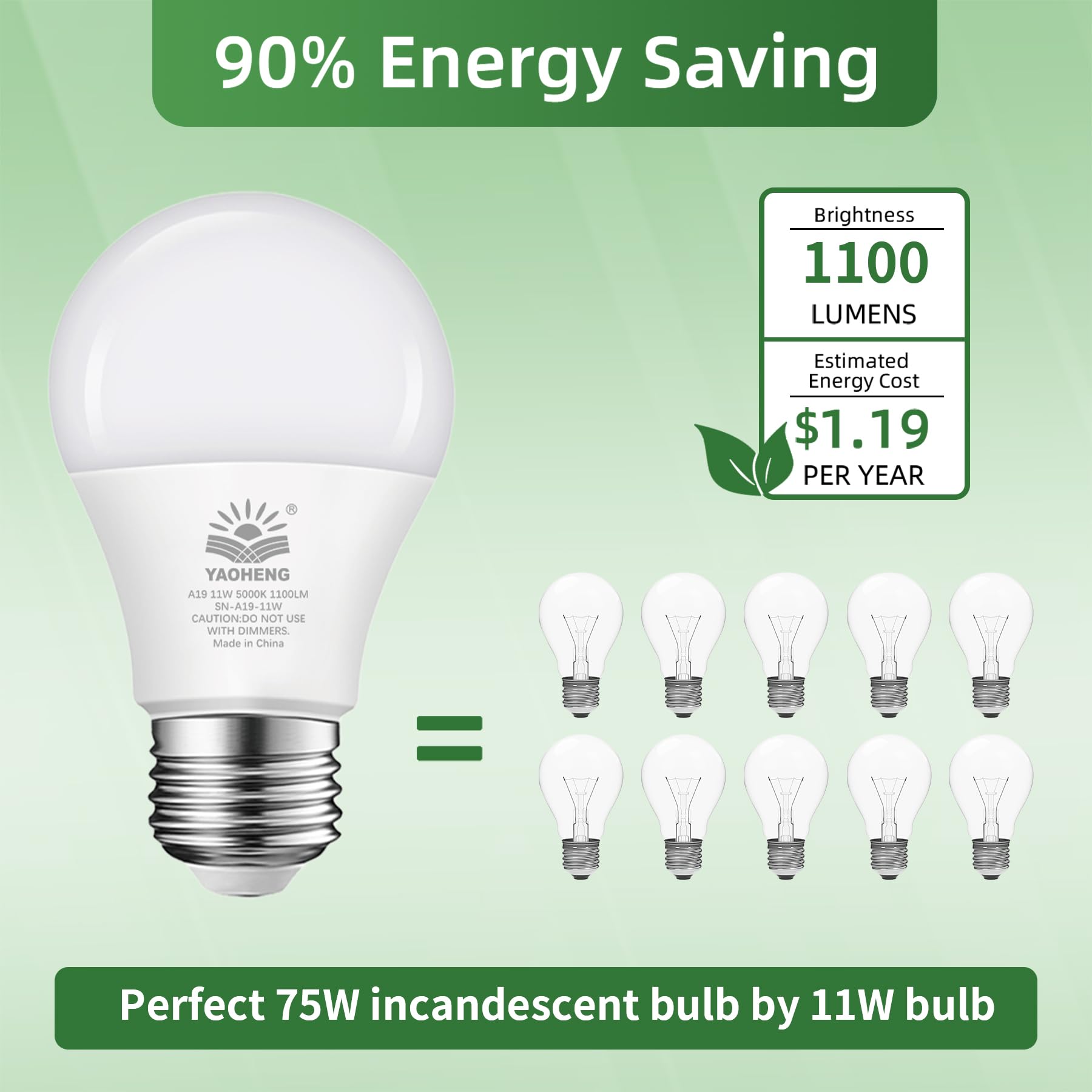YAOHENG A19 LED Light Bulb 11W 75 Watt Equivalent 1100 Lumens Non-Dimmable E26 Base 5000K Daylight 10-Pack
