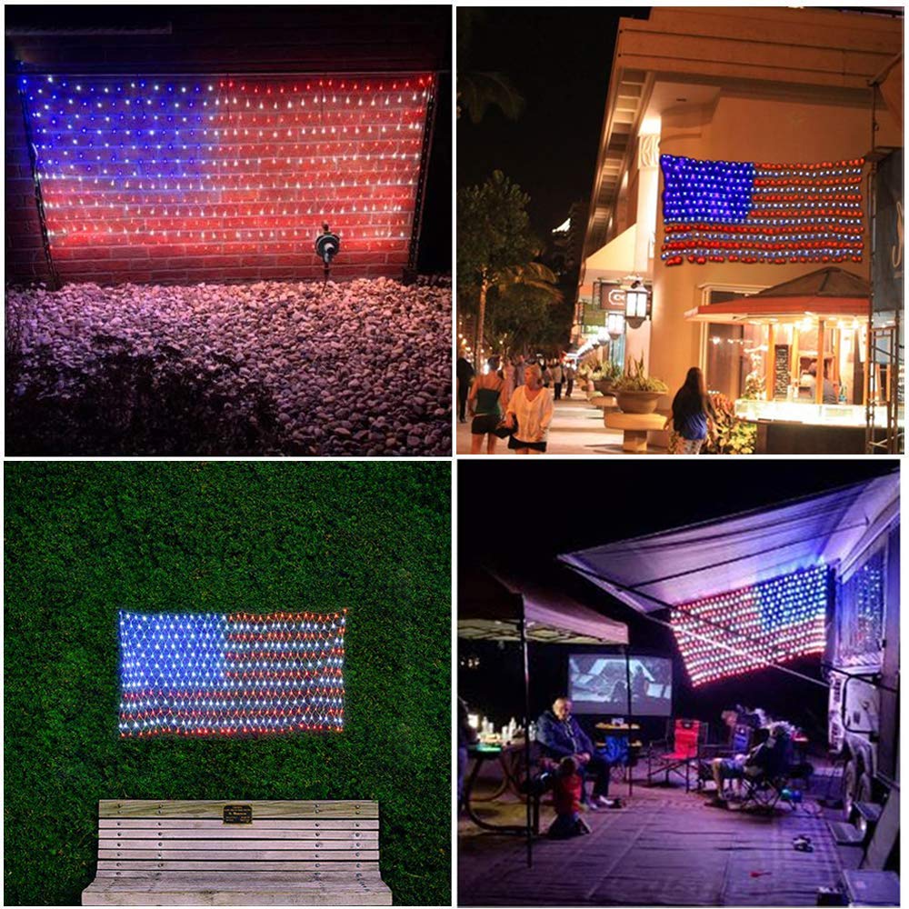 FUNIAO 420 LED American Flag Net Lights, Waterproof Patriotic Decor for 4th of July, Memorial Day, Red, White, Blue, Model YLS1000WD01