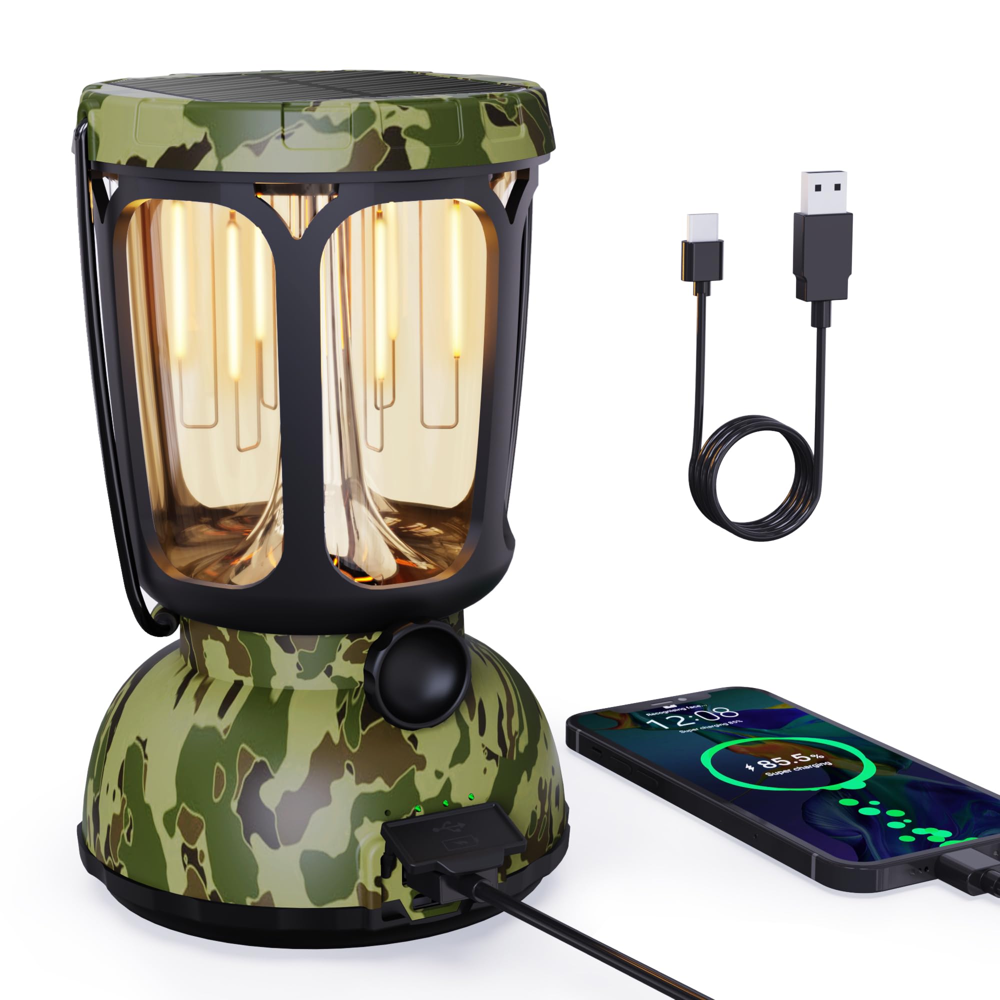 Raynic 6000 LED Camping Lantern, 650LM Hand Crank Solar, USB Rechargeable, Camo-Green, Model CL7000