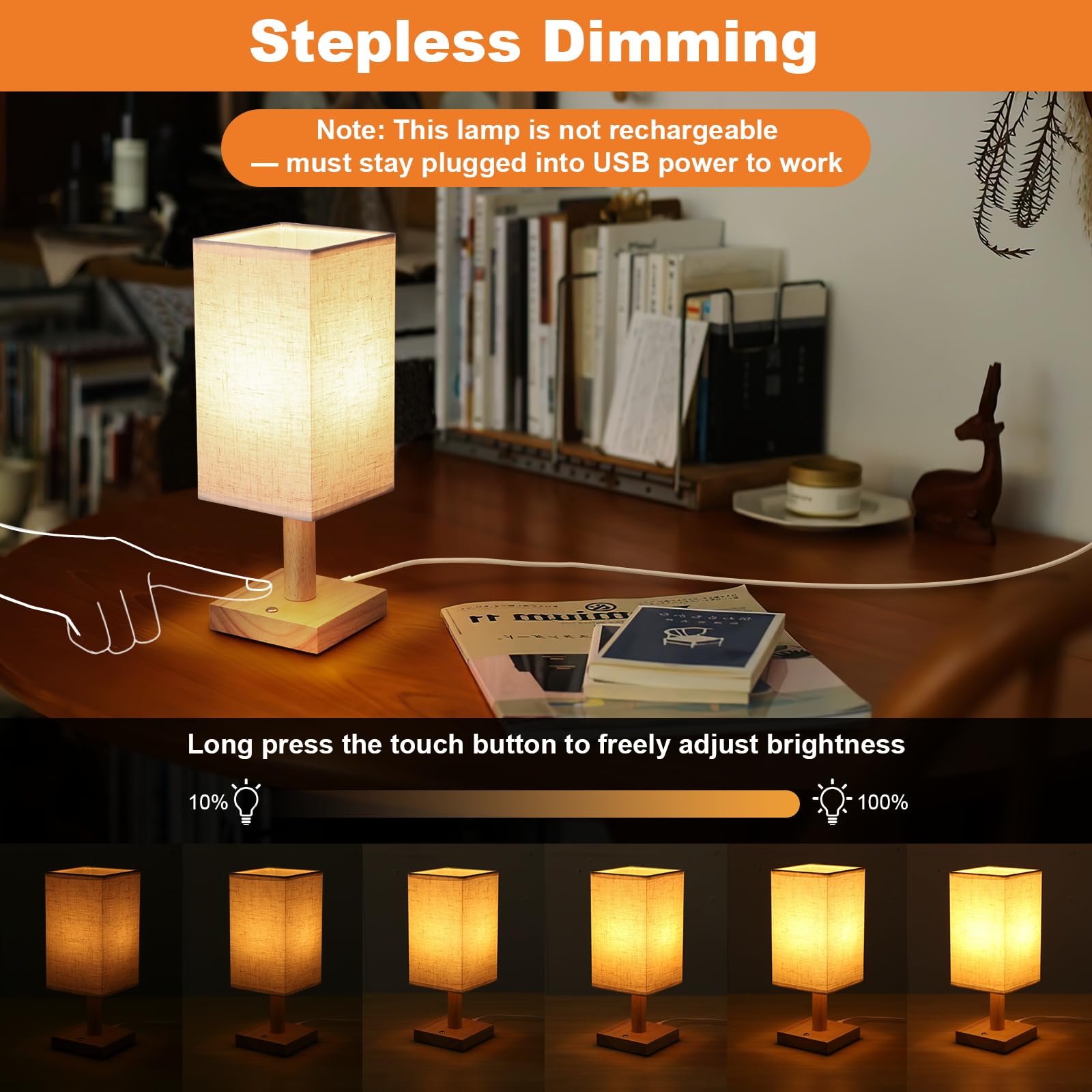 Uchenton Small Corded Touch Square Table Lamp With Stepless Dimming, Natural Wood Base & Linen Fabric Shade, 5W Ambient Night Li