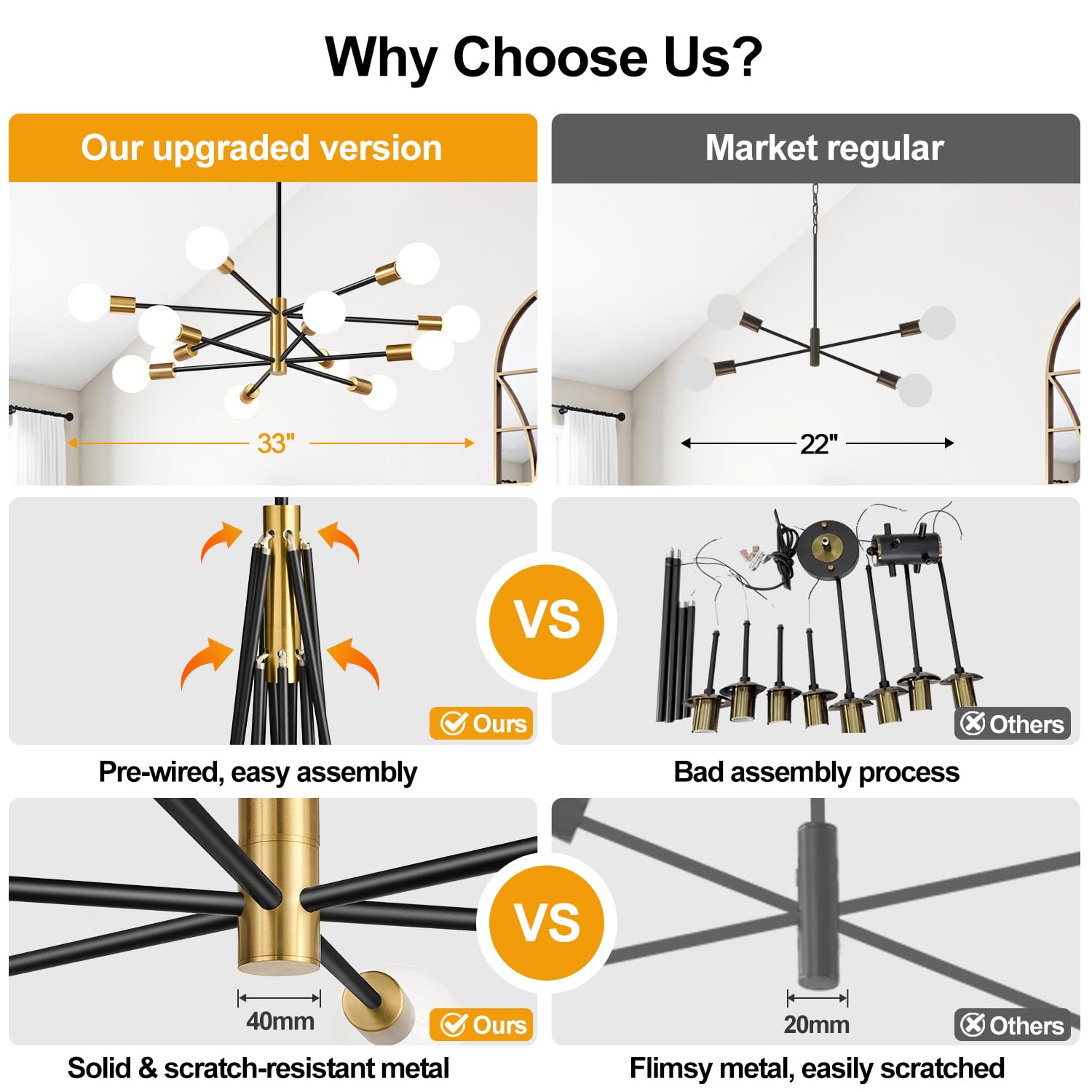 MQMQA 33in Modern Chandelier, 12-Light Sputnik Fixture, Height Adjustable, Black and Gold, Model L240083P12