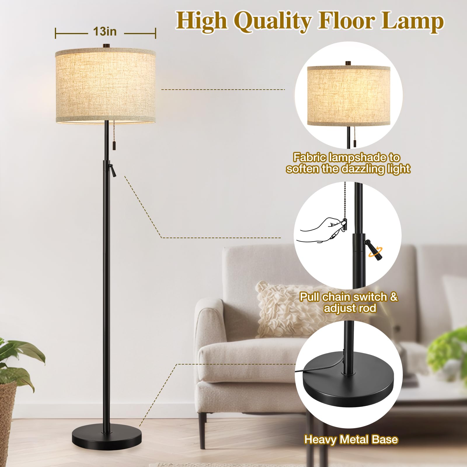 Gyrovu Black Floor Lamp, Height Adjustable Standing Lamp Tall Lamp With Fabric Lampshade&Pull Chain Corner Floor Lamps For Livin