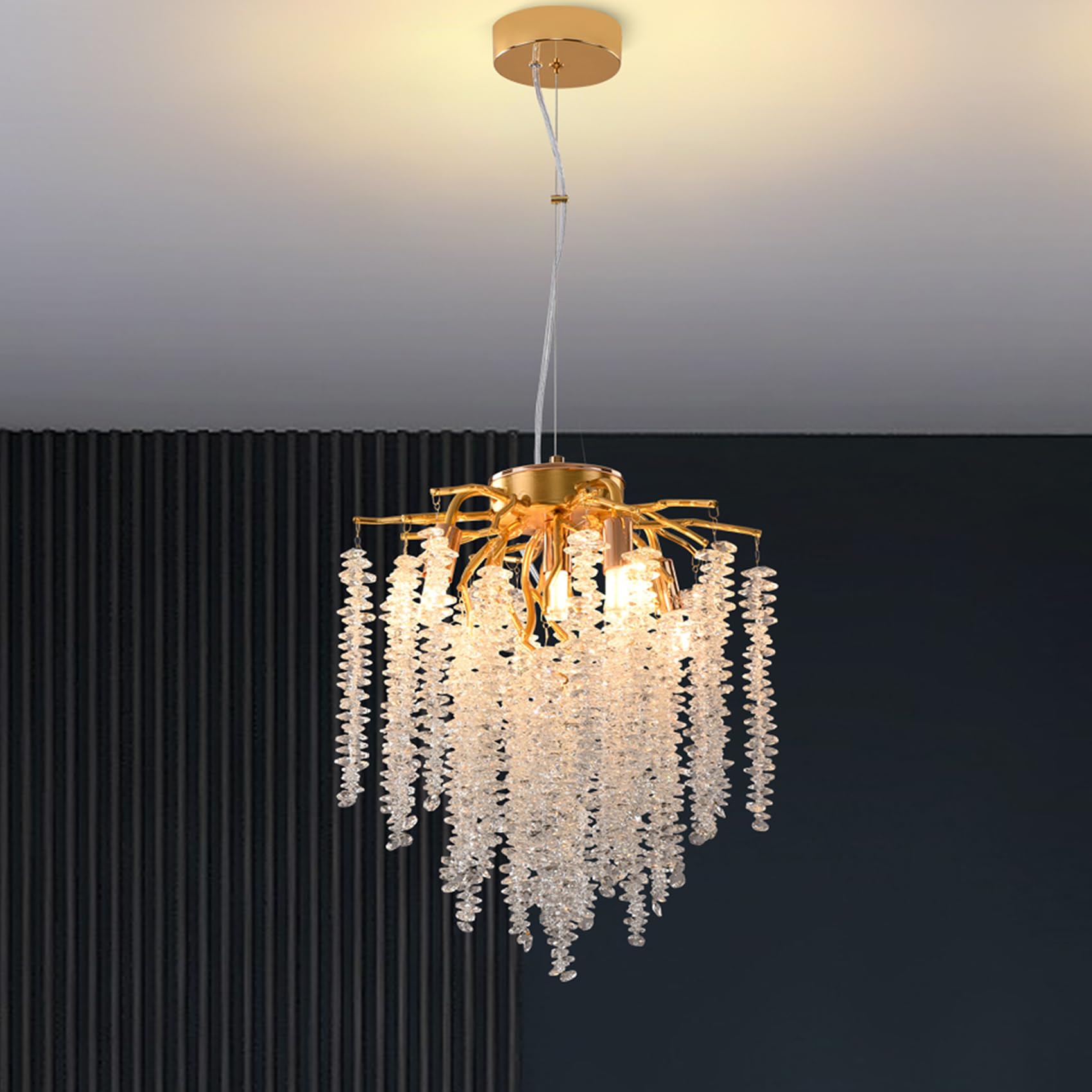 Puvaue Crystal Tree Branch Chandelier Gold Roud Raindrop Pendant Light Tassel Ceiling Hanging Light Fixtures for Bedroom Living 