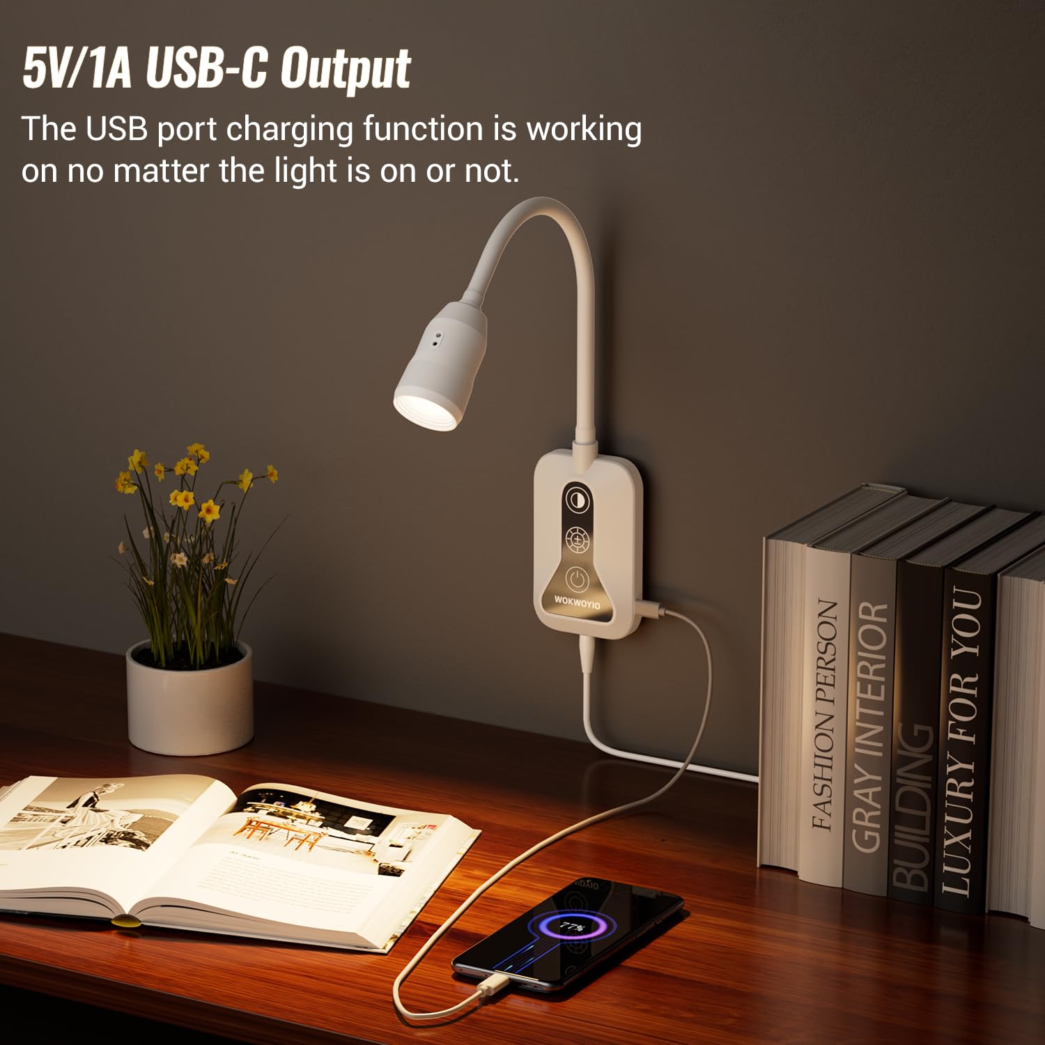 WOKWOYIO Wall Mounted Reading Light with Hand Sweep Sensor, USB Output, 5 Color Dimmable, 2 Pack, White, Model XCCX004-US-BK