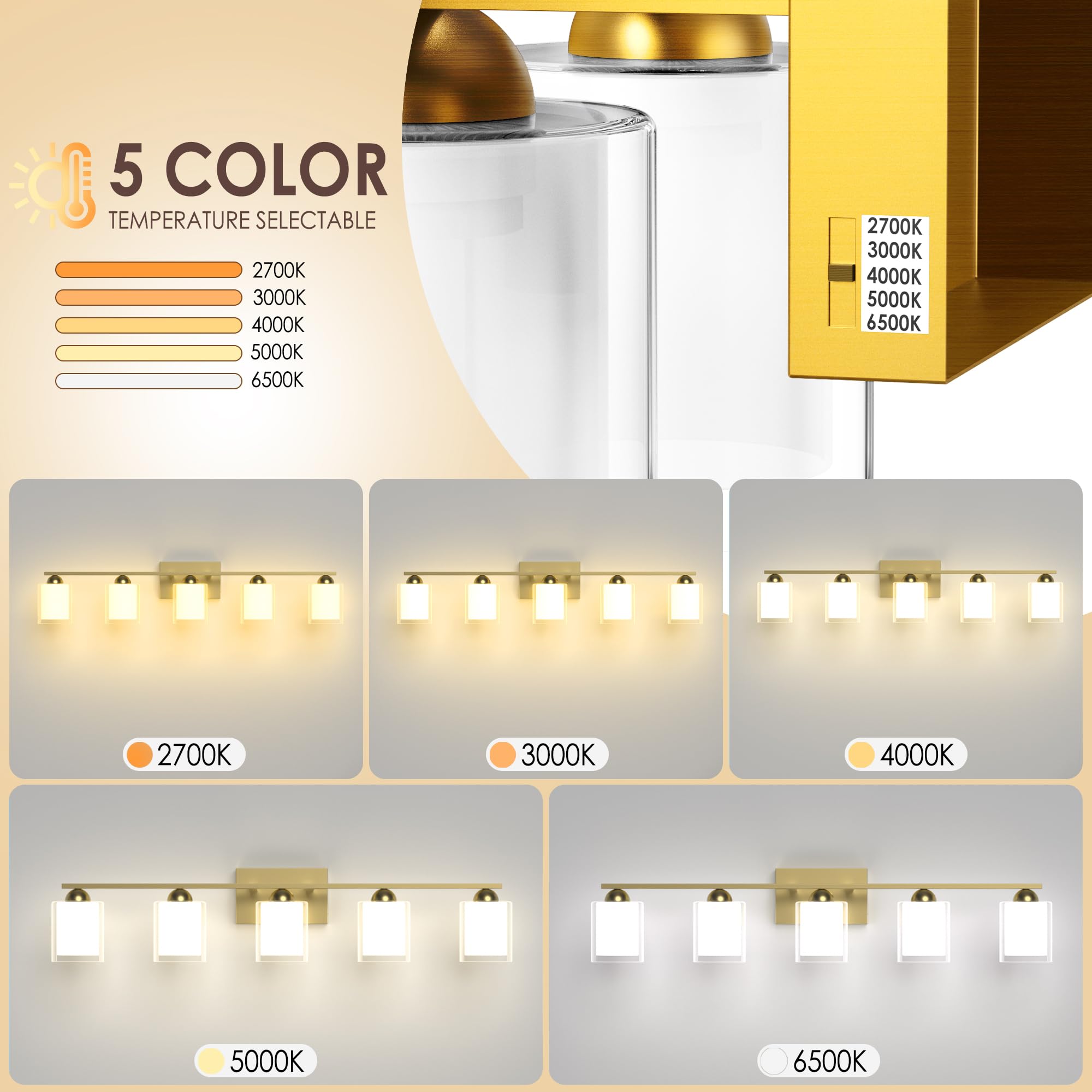 Quntis Gold Bathroom Light Fixtures, 5 Light LED Vanity Lights, Metal, 33 Inch, Milk White Frosted Glass, Model Q5G-MOD