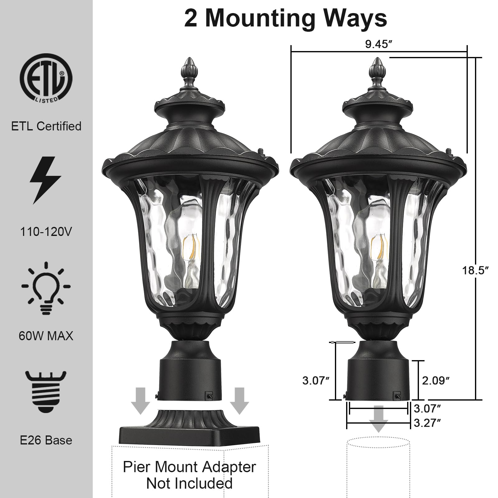 Luminzone Waterproof Outdoor Post Light Fixture, Matte Black Aluminum Lantern For Walkway & Patio