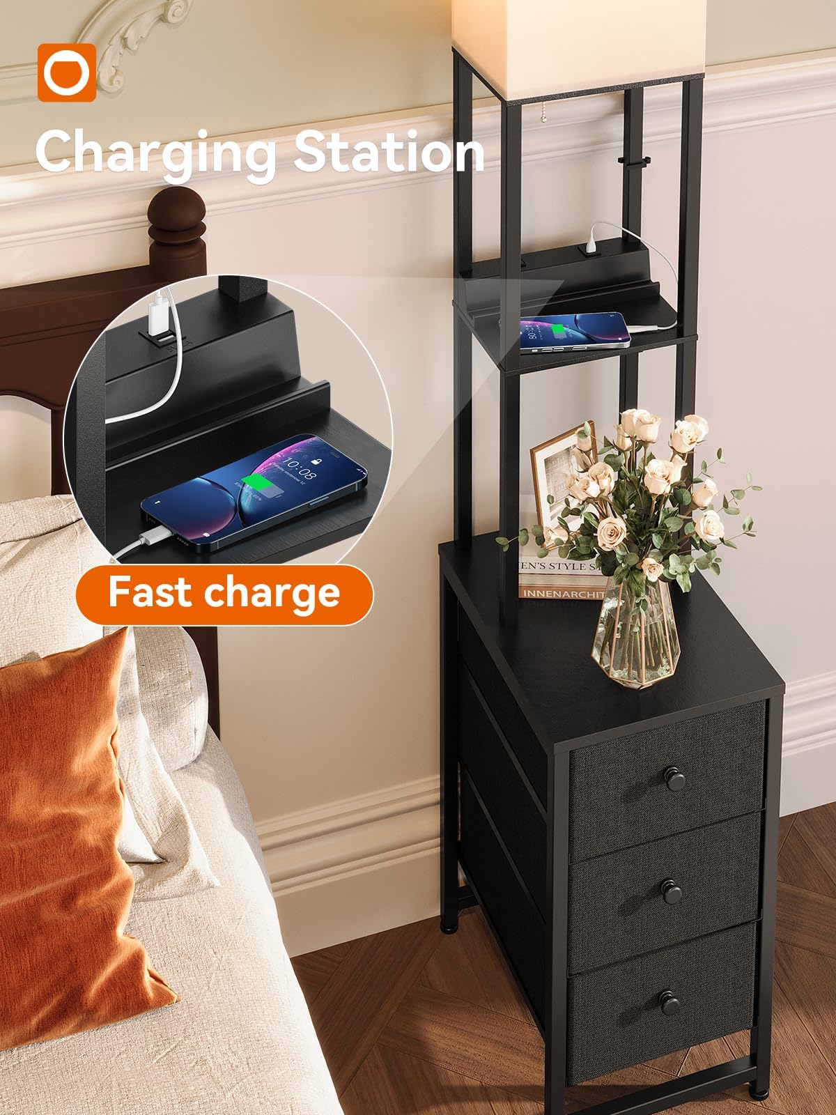 addlon Floor Lamp with 3 Drawers, 2 USB Ports & 1 Outlet, Metal, Black, 3 Color Temperatures, Model SFBGD-1224-4