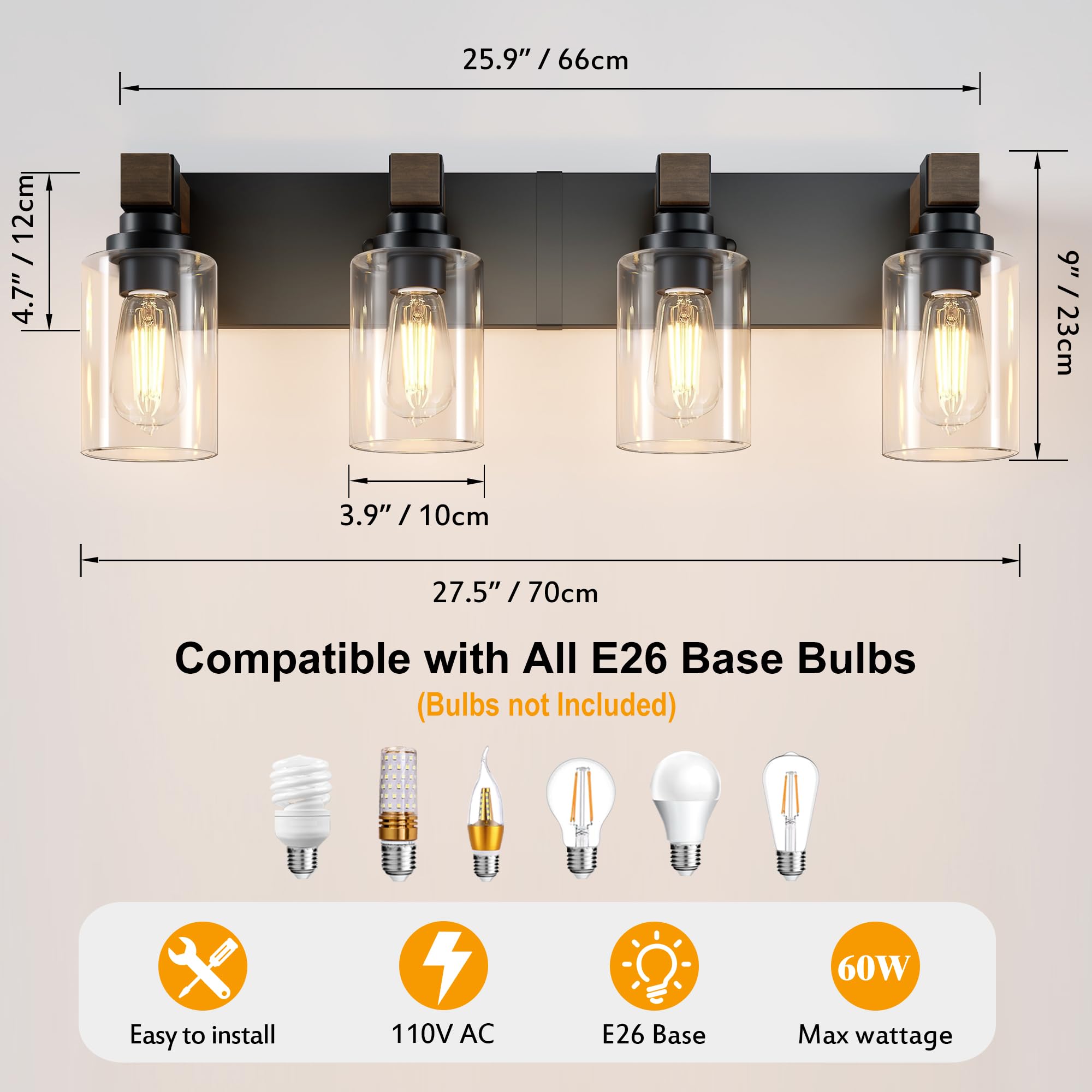 DvmTeom Farmhouse Bathroom Vanity Light - Rustic 4-Light Black & Wood Sconces with Glass Shade, Model D6005