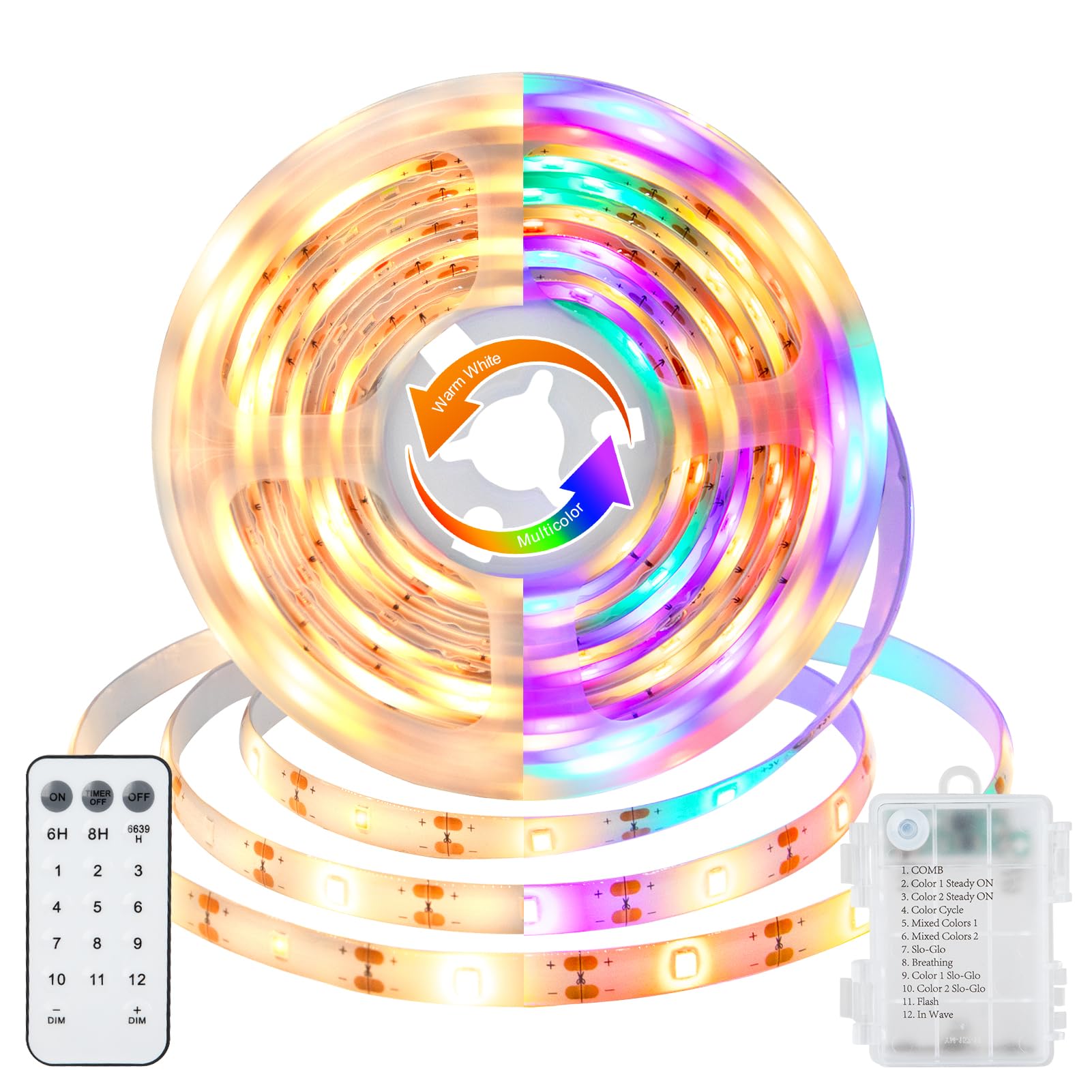 echosari LED Strip Lights Battery Operated, 10Ft 108 LED Dual Color Changing Strip Lights with Remote Cuttable Adhesive Lights Strip for Bedroom Party Decoration (Warm White & Multicolor)