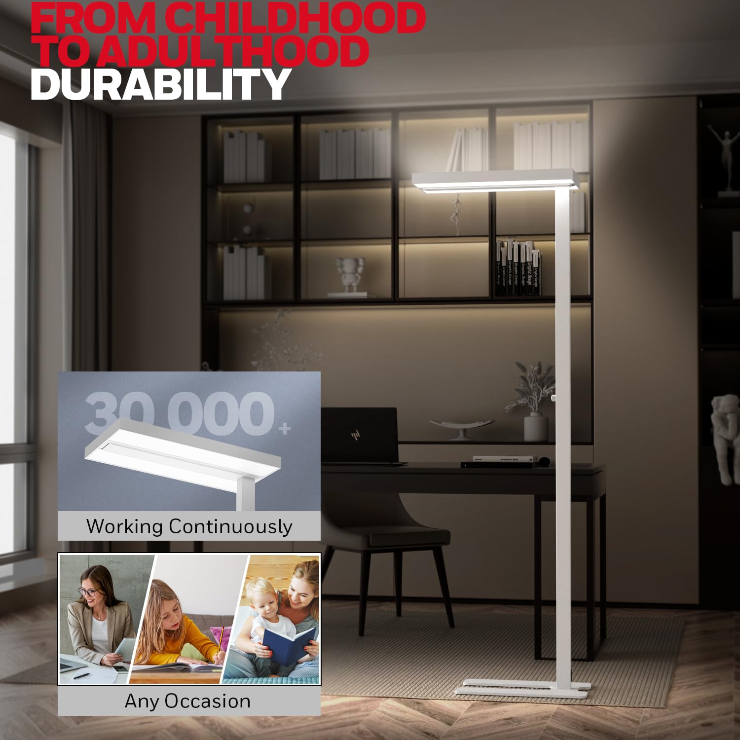 Honeywell Modern LED Floor Lamp - Dimmable 100W Eye-Caring Light for Home Office, 4000K Natural Daylight, 172ft² Lighting Range, White