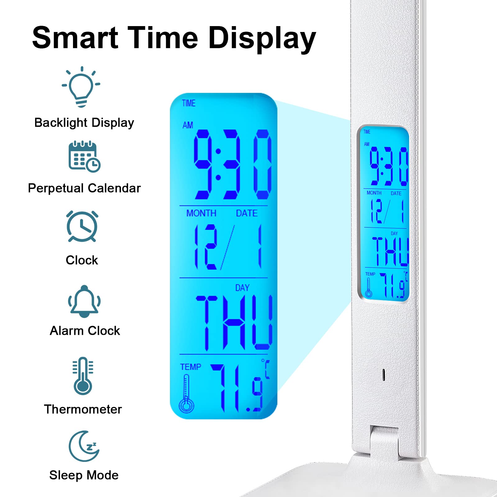 Laopao Desk Lamp, Led Desk Lamp With Wireless Charger, Usb Charging Port, Adjustable Foldable Table Lamp With Clock, Alarm, Date, Temperature, 5-Level Dimmable Lighting, Office Lamp With Adapter