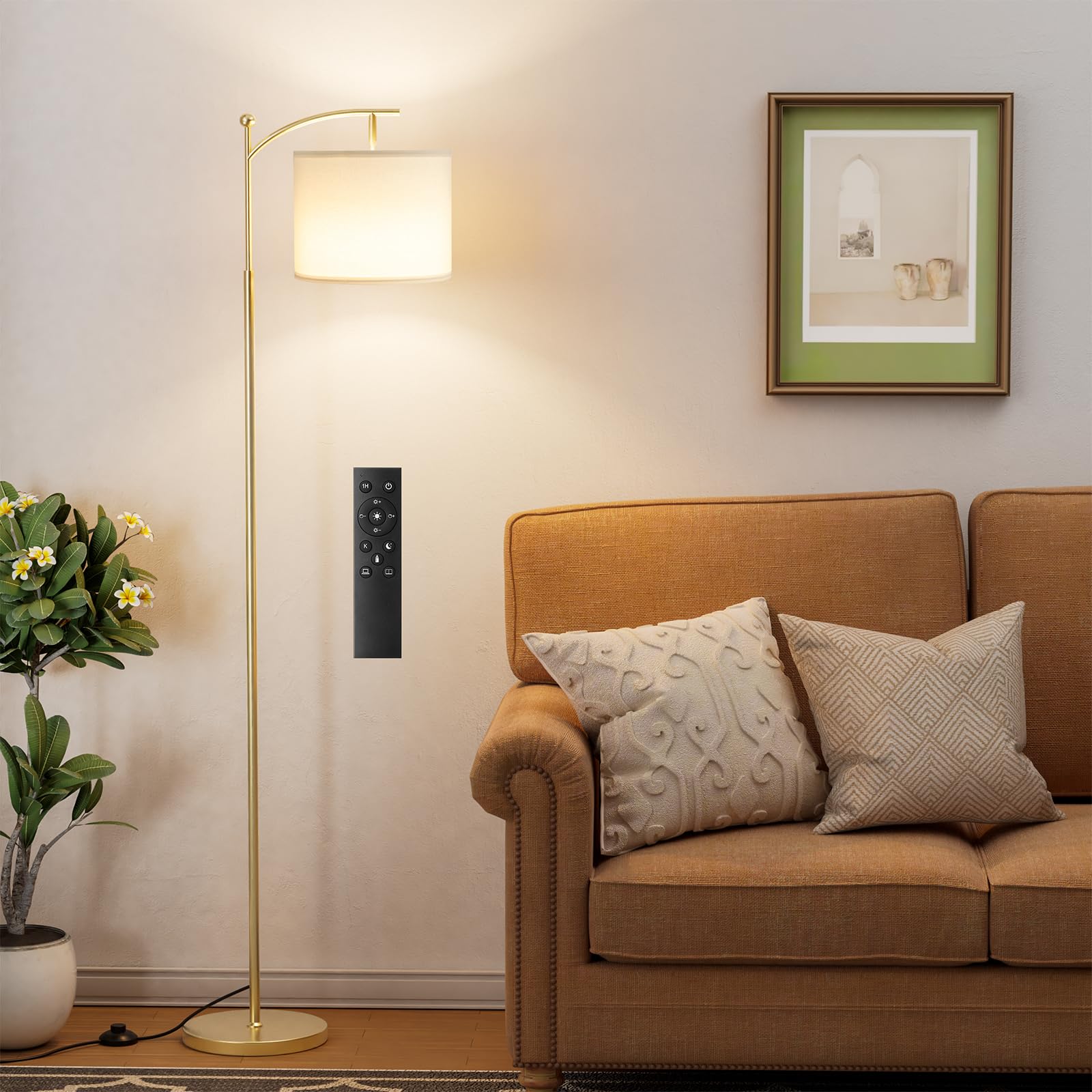 60'' Floor Lamps with Remote Control & Bulb, Colors Temperature & Brightness Adjustable, White Shade & Gold Pole