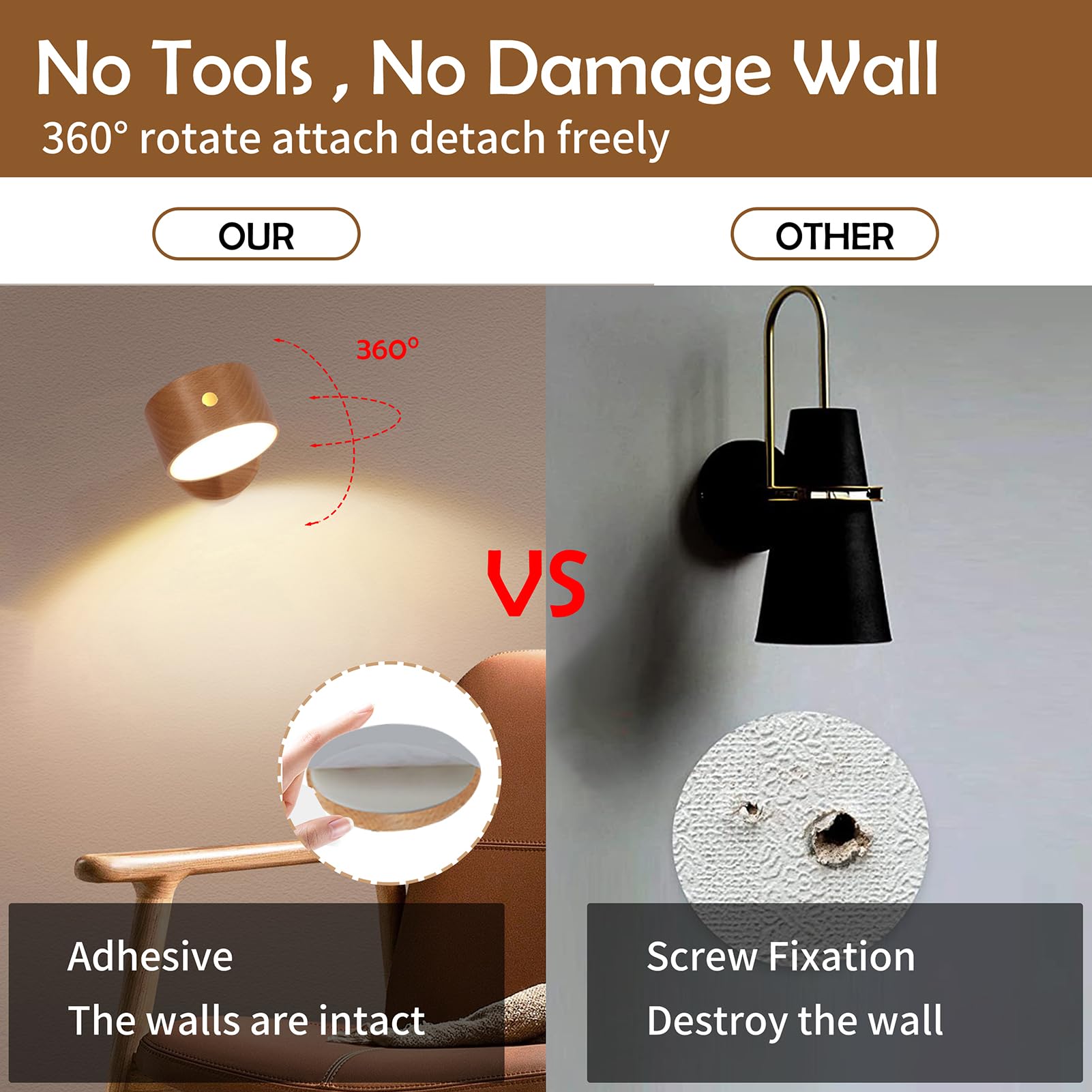 HBGFHG Wooden LED Wall Sconce, 360° Rotatable, Dimmable, Rechargeable, Battery Operated, Beech Wood, Model NO-HB01300