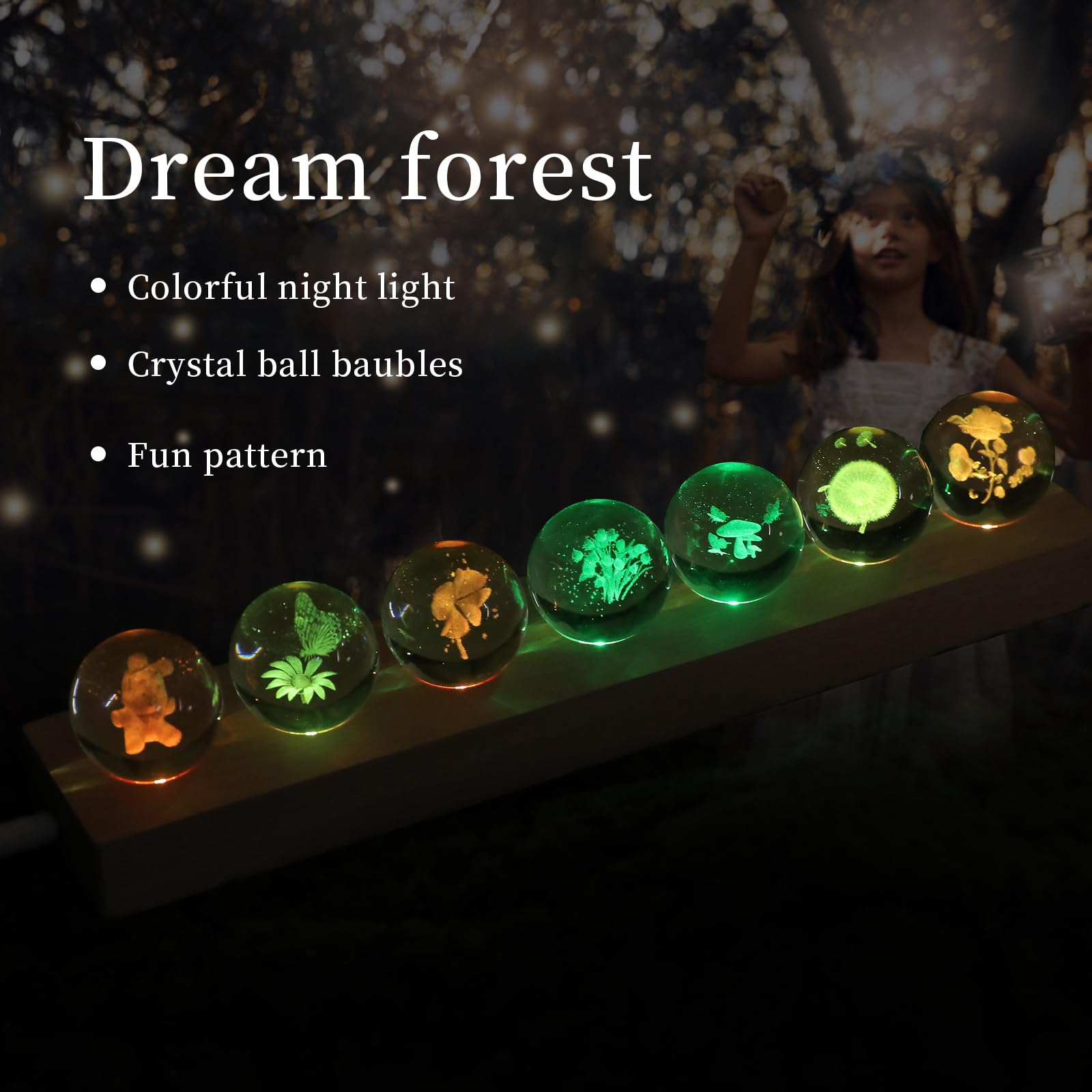 Dokscdlo 7 Pcs Flower Plant Crystal Ball Night Light Healing Spheres With Led Wooden Base, 3D Rose Chrysanthemum Mushroom Crysta