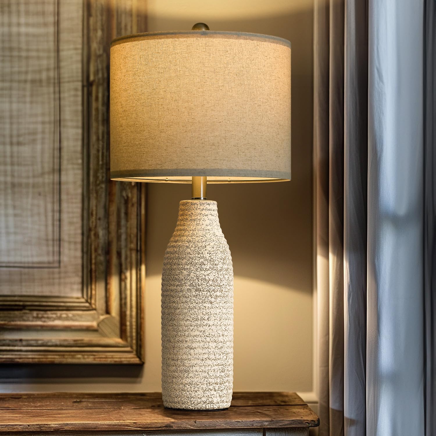 Portres 25'' Ceramic Table Lamp For Bedroom Bedside Lamps For Night Stands Modern Lamps For Living Room With Rotary Switch Gray