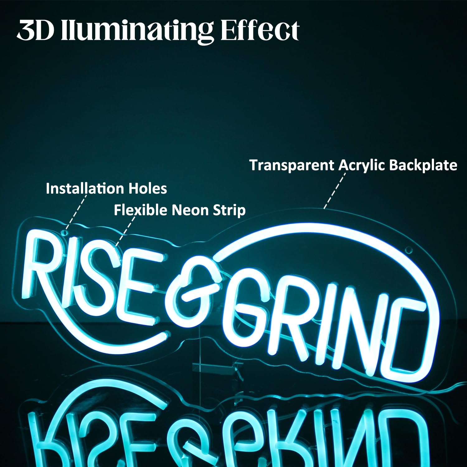 CKTBLEY Neon Sign - Rise & Grind Motivational LED Wall Art, Ice Blue, Acrylic, Inspirational Decor for Bedroom, Office, Gym, Man Cave