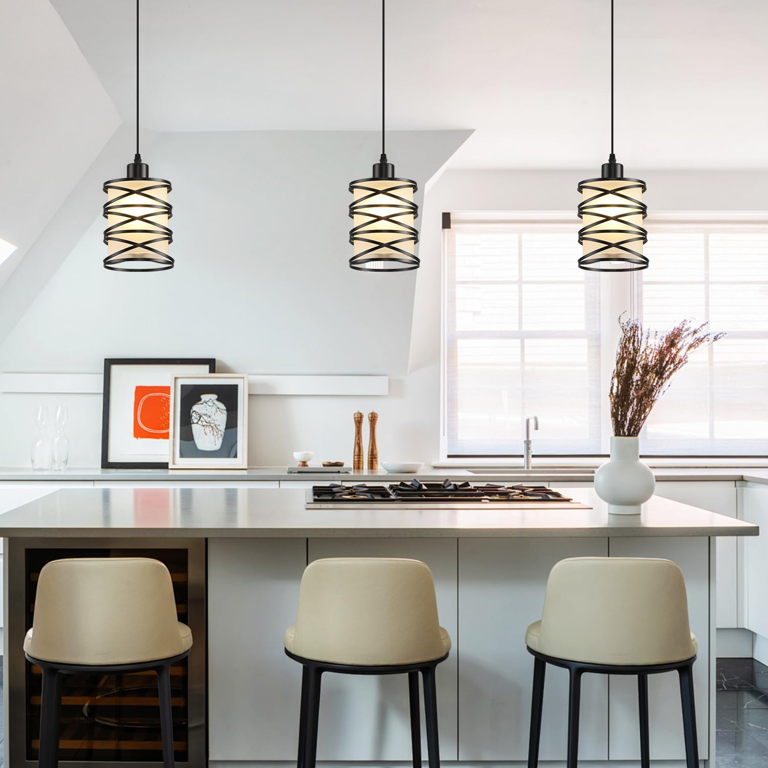 Ihengyanlt 2 Pack Pendant Light Kitchen Island Pendant Lighting, Hanging Light With Spiral Cage Frosted Glass Shade, Black Modern Indoor Hanging Lamp For Dining Room Kitchen Island