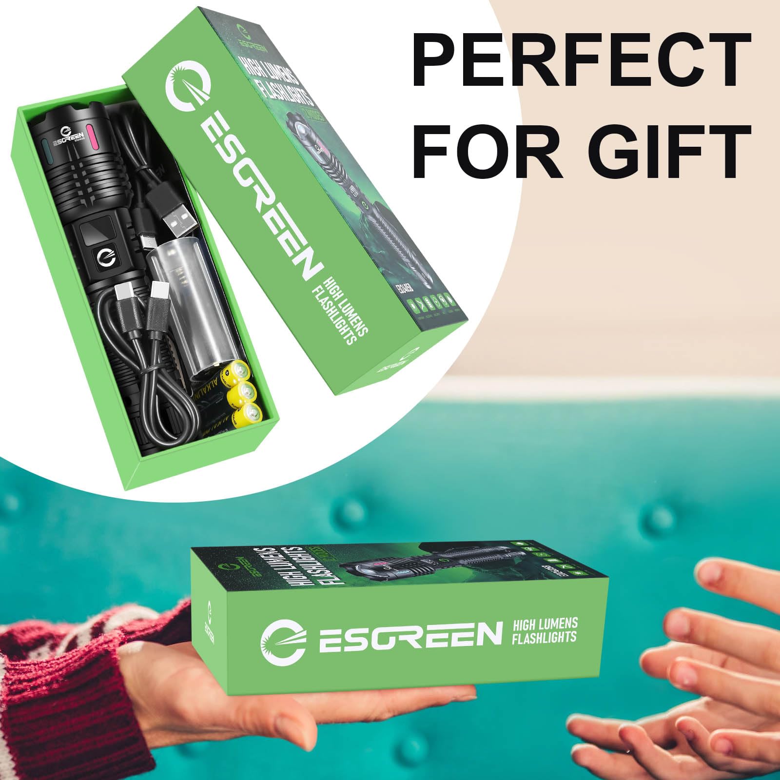 Esgreen Rechargeable Flashlight 2000 Lumens - USB C, 3280ft Range, Black, Model ED2405B