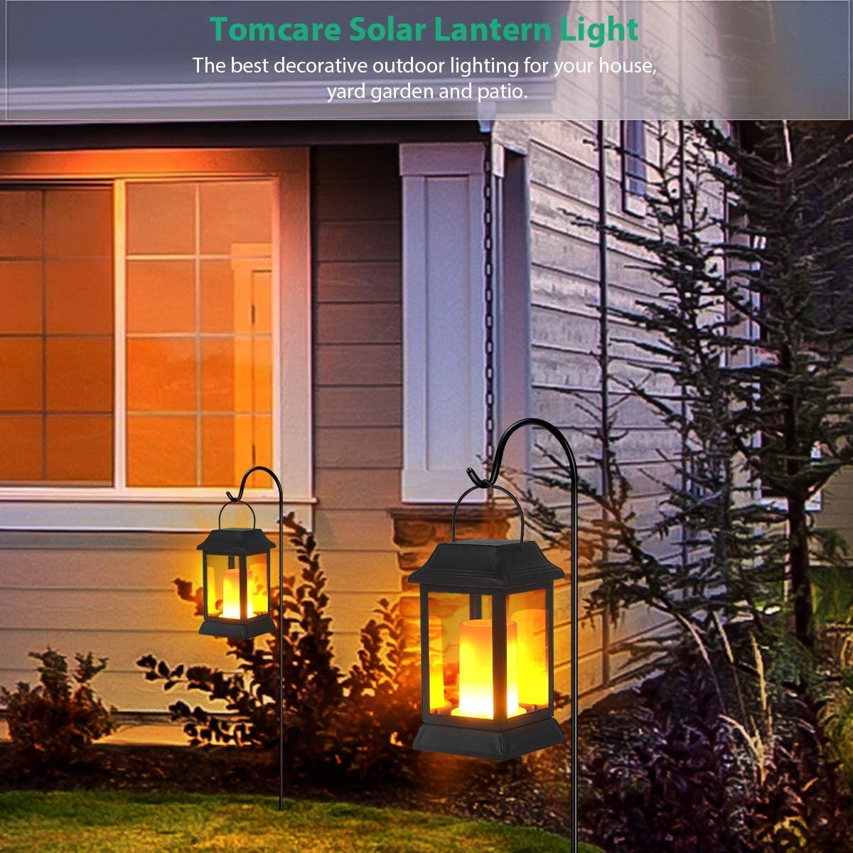 Tomcare Solar Lights Metal Flickering Flame Lanterns, Waterproof Outdoor Hanging Decor, 2 Pack, Black, Model Sz-19003
