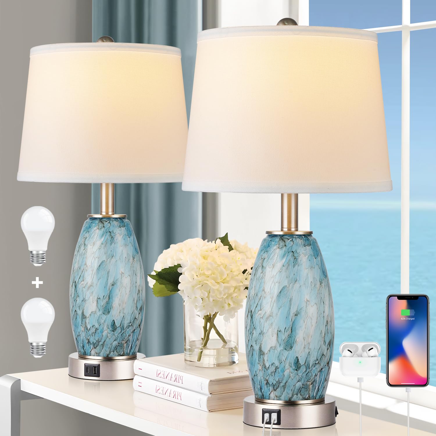 Table Lamps Set of 2, 3-Way Lighting Modes Modern Table Lamps for Bedroom, Coastal Bedside Lamps with USB Port & Type C, Glass Nightstand Lamps, 24" Table Lamps for Living Room Bedroom Decoration