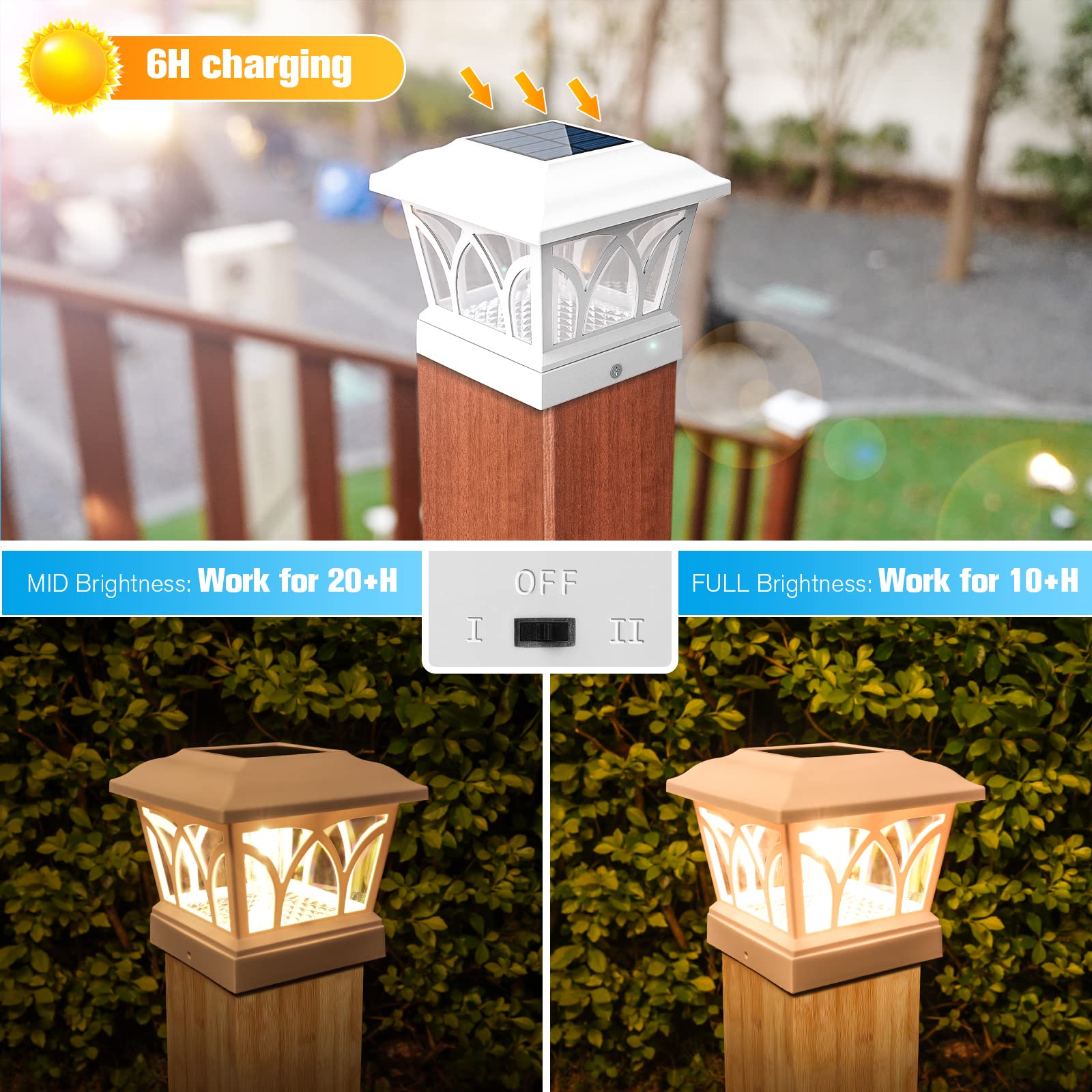 VOLISUN Solar Post Cap Lights, 4 Pack with Edison LED Bulbs, 2 Brightness Settings, Fits 4x4 6x6 Posts, White, Model 21156ZM