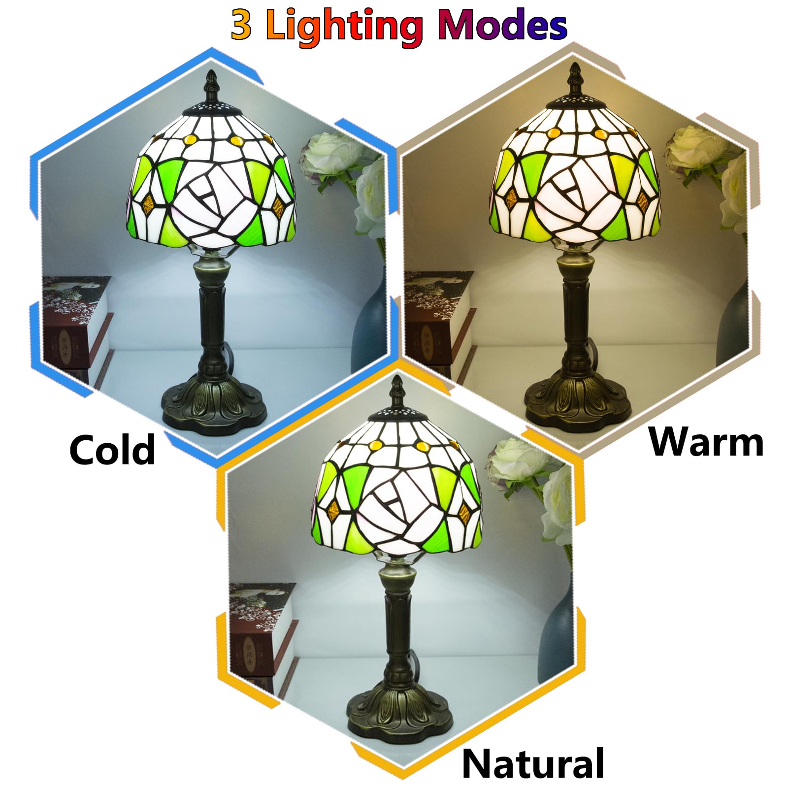 Crefotu Tiffany Style Table Lamp, Stained Glass, 8 Inch, 3 Color Temperatures, Rose Pattern, Model CFLP-0001