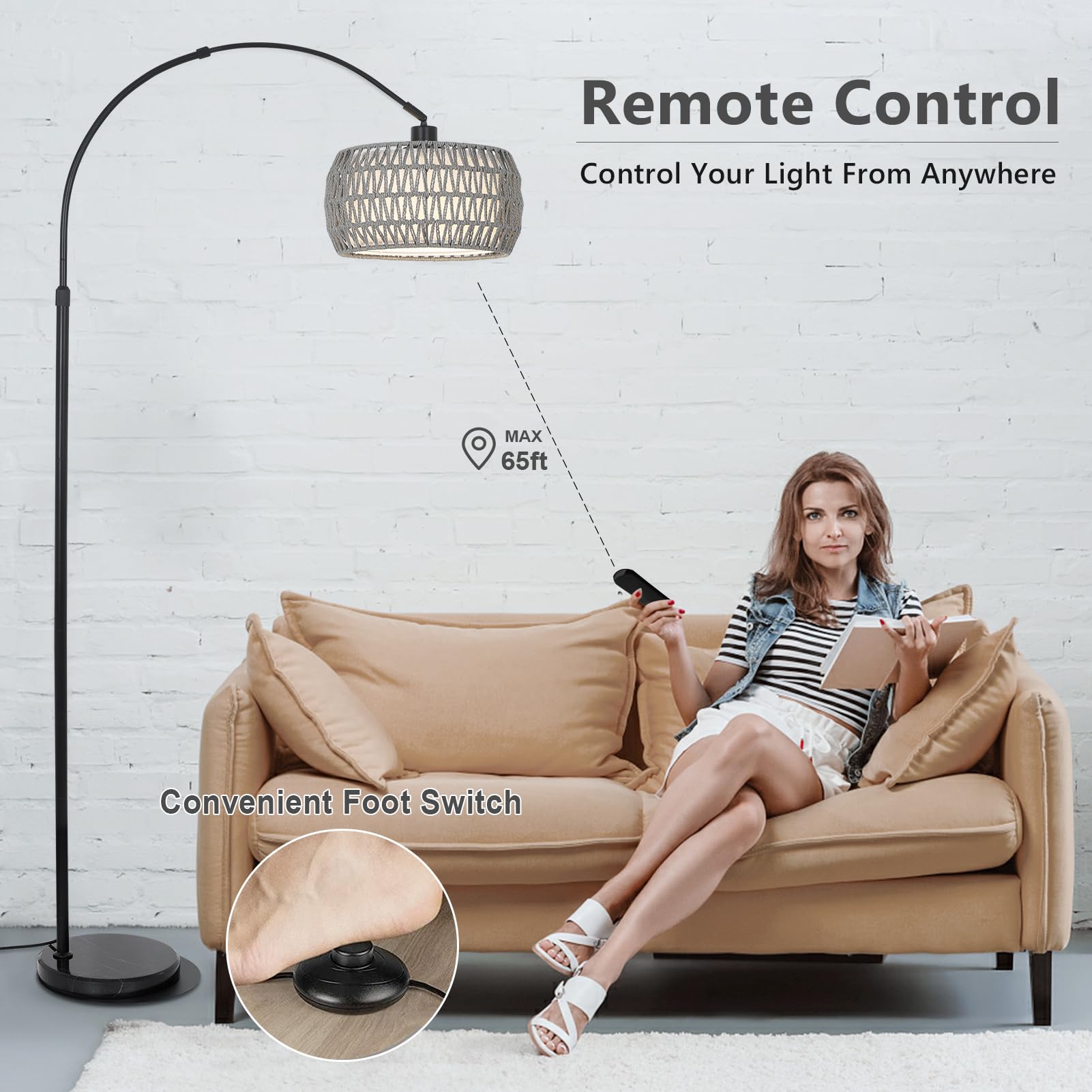 Arc Standing Lamp, Boho Floor Lamps For Living Room With Remote And Led Dimming Bulb, Rattan Tall Lamp For Bedroom With 3 Color